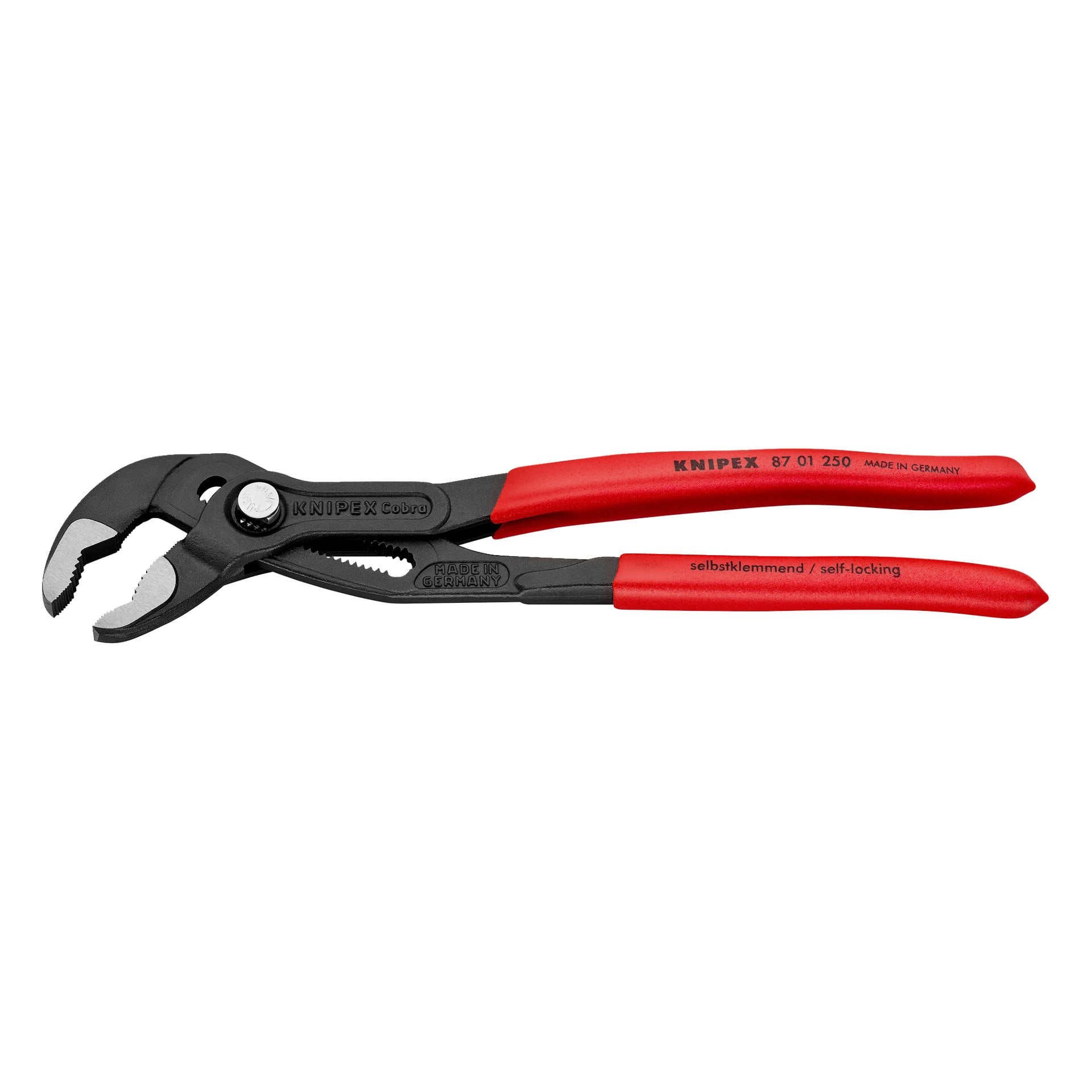 Knipex Cobra-tänger med svarta käftar och röda handtag, märkta "självlåsande" och "Made in Germany", visar synlig justering och sågtand.