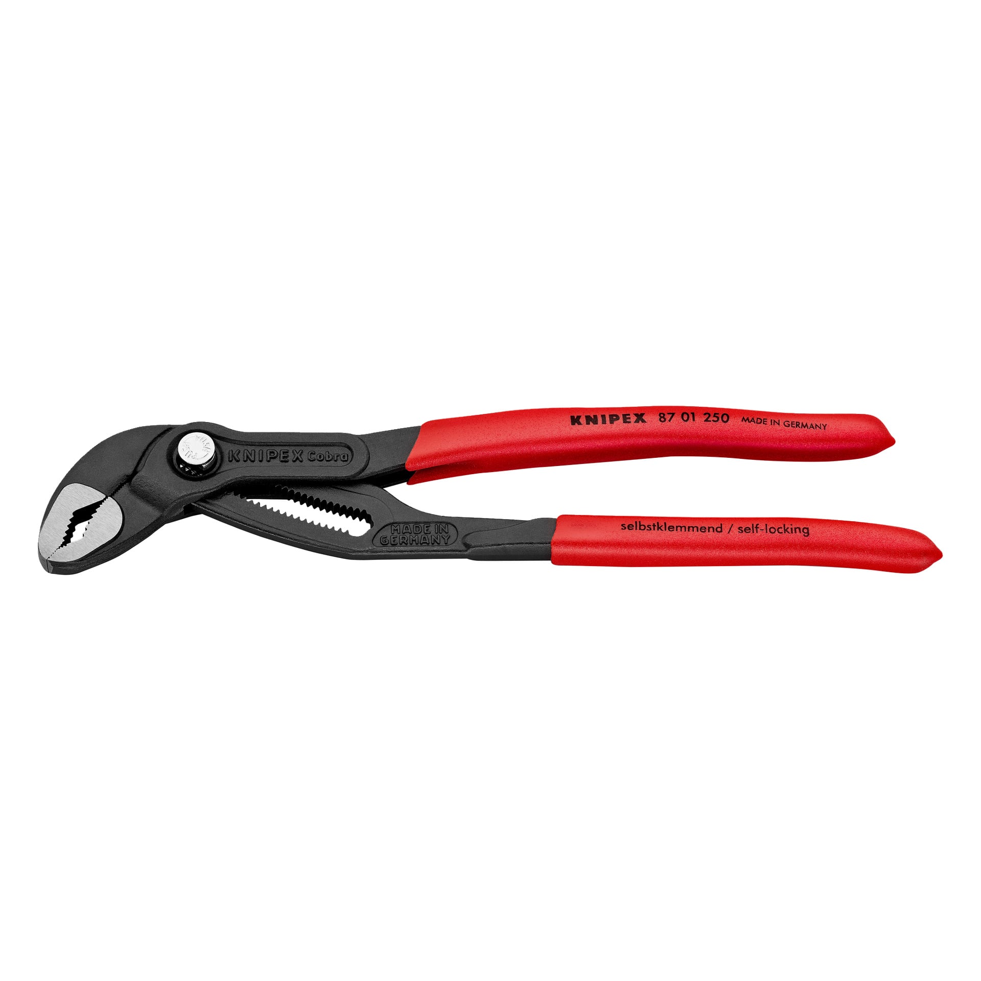 Knipex Cobra-tång med röda handtag och svarta justerbara käftar, märkt KNIPEX 87 01 250, tillverkad i Tyskland, självlåsande.