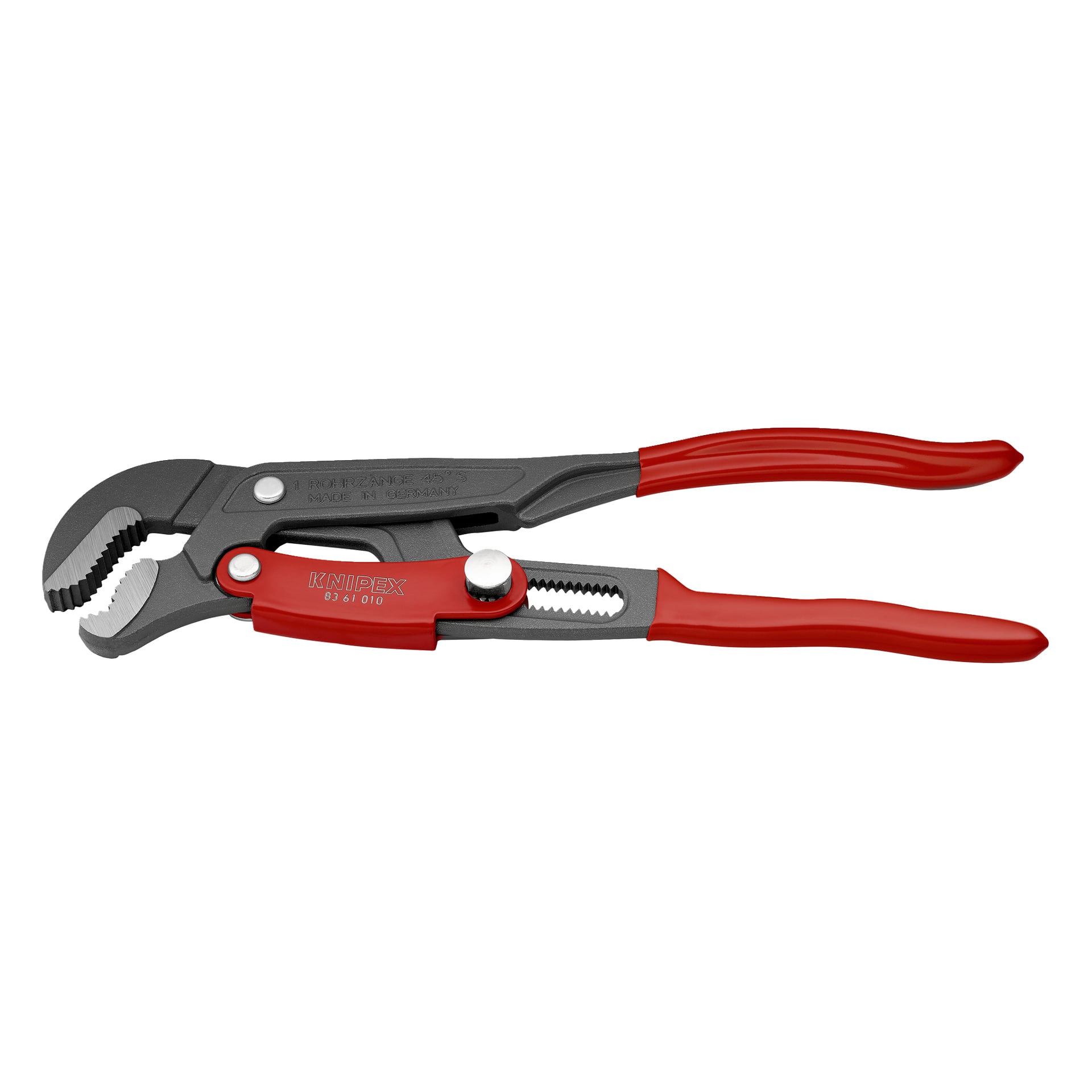 Klucz rurowy Knipex 83 61 010 ma czerwone uchwyty, regulowaną szczękę z zębami chwytającymi oraz widoczny metalowy mechanizm regulacji.