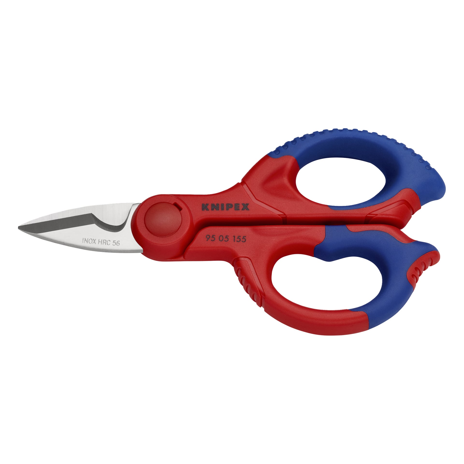 Nożyczki elektryka Knipex 95 05 155 SB mają czerwono-niebieskie rękojeści, stalowe ostrza oznaczone INOX HRC 56, zaprojektowane do twardych cięć.