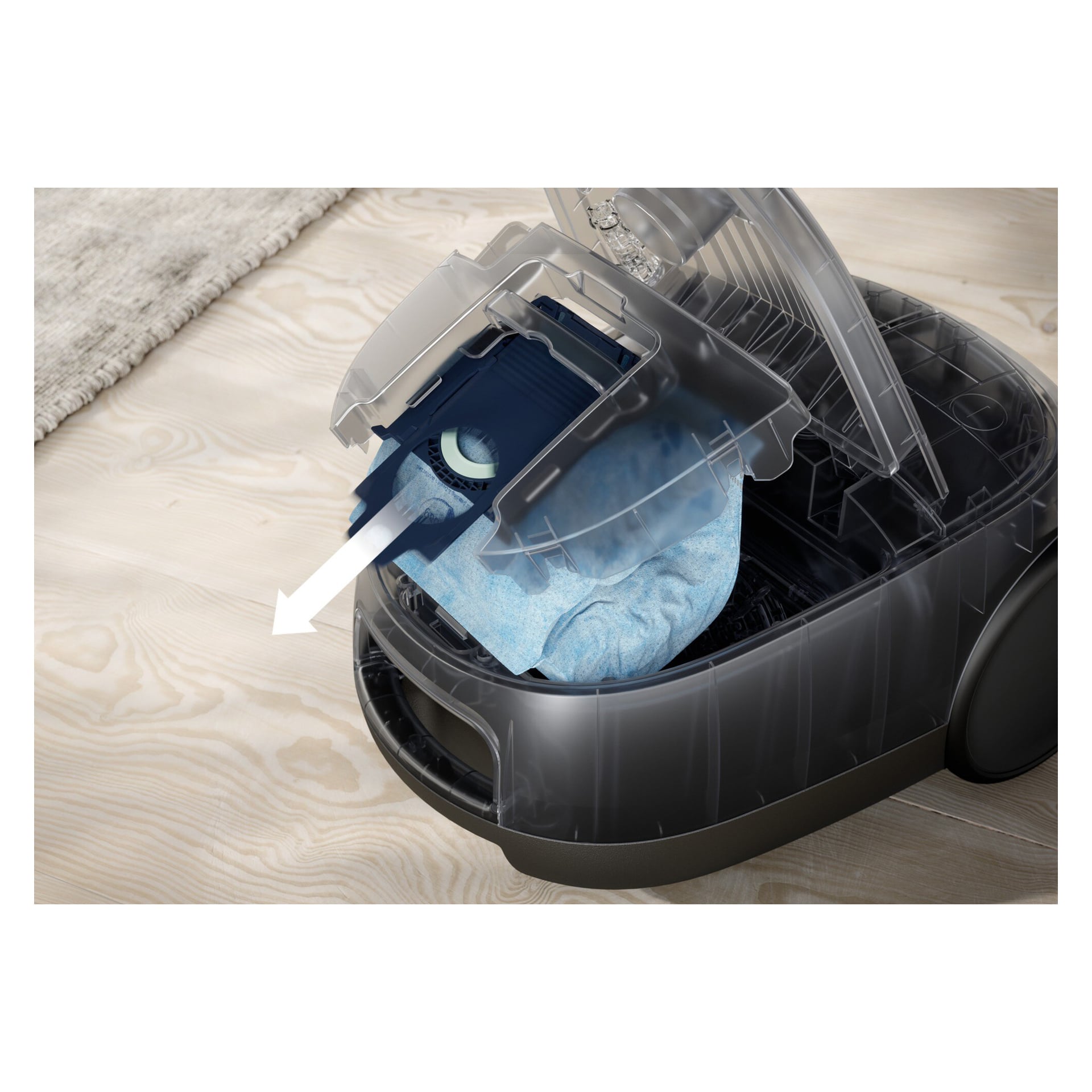 Electrolux Vacuum Cleaner Animal 600 EB61A5UG öppen, visar blå dammpåse och filter. Pilen indikerar att påsen tas bort. På trägolv vid matta.