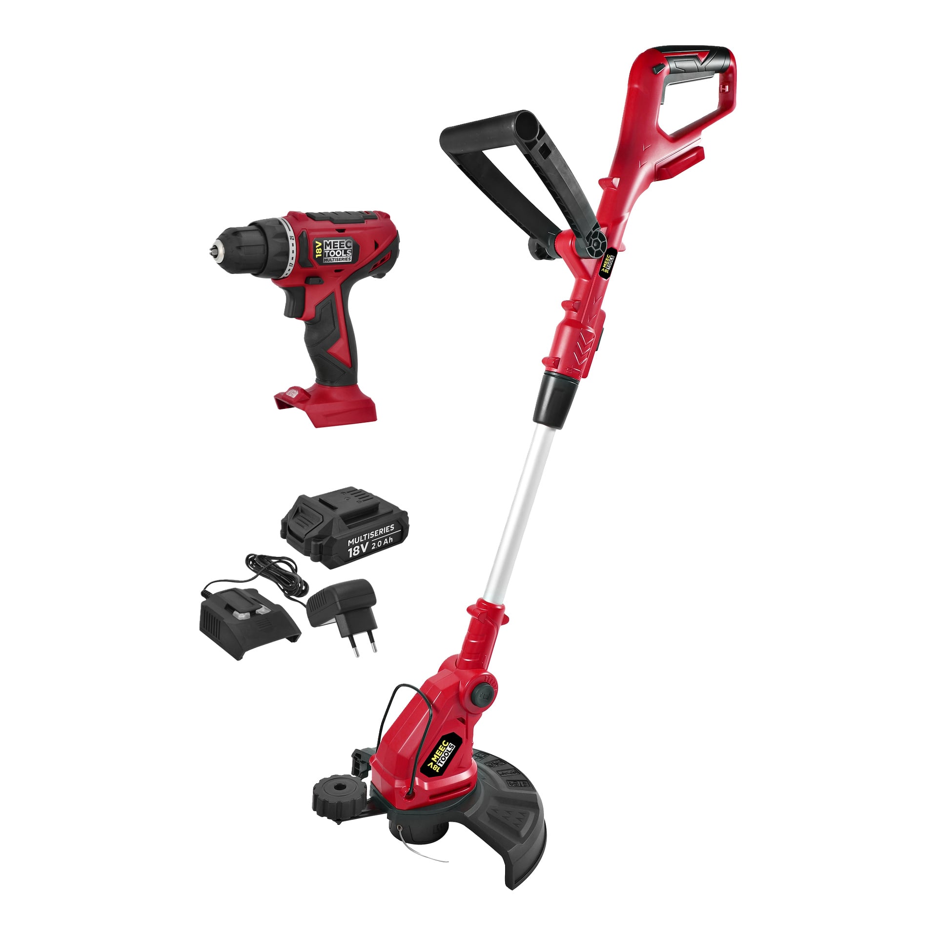 Meec Tools Multiseries HOME AND GARDEN PACK innehåller grästrimmer, skruvmejsel, batteri och laddare.