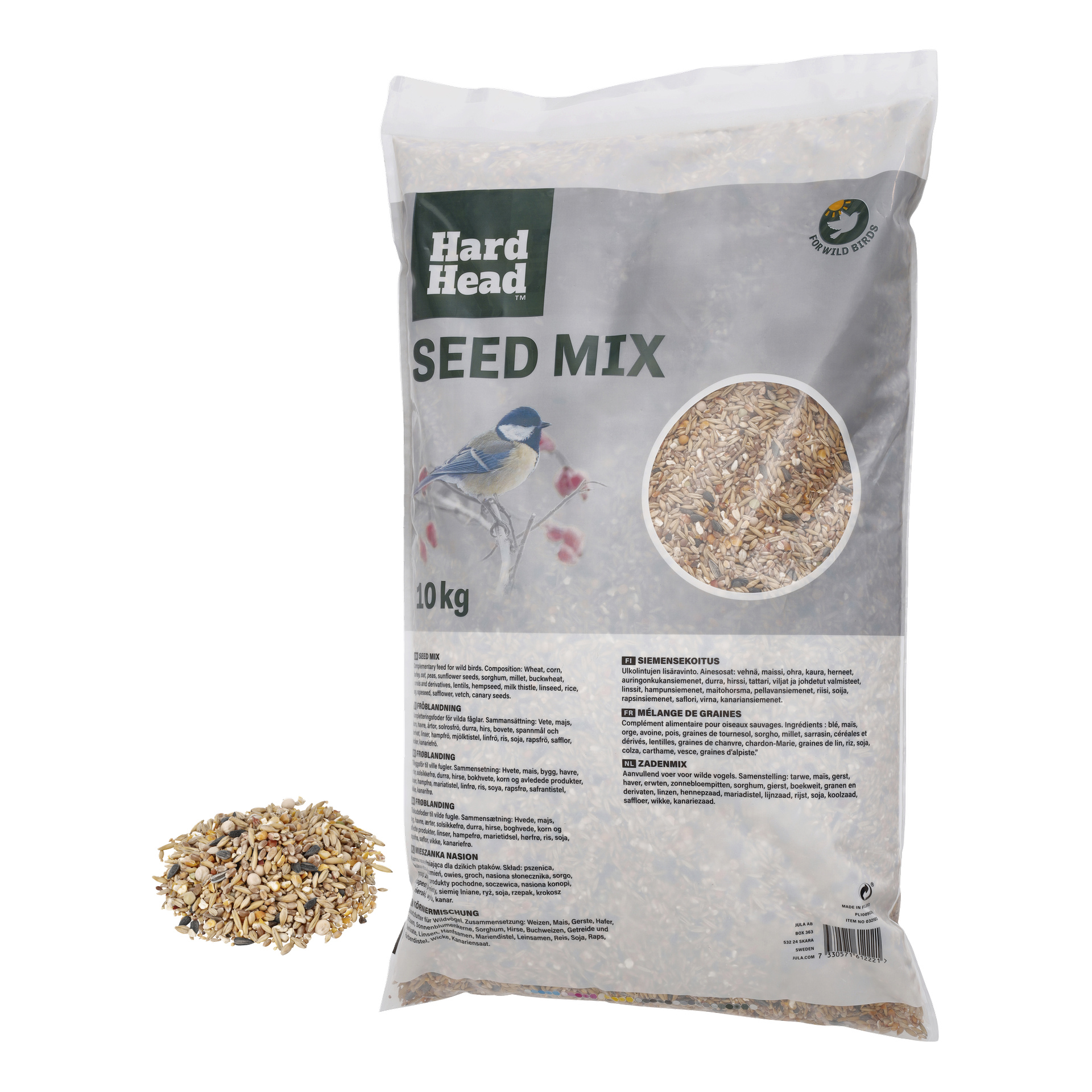 En 10 kg Hard Head Seed blandningspåse med fågelbild och klart fönster; En liten hög med fröblandning ligger bredvid påsen.