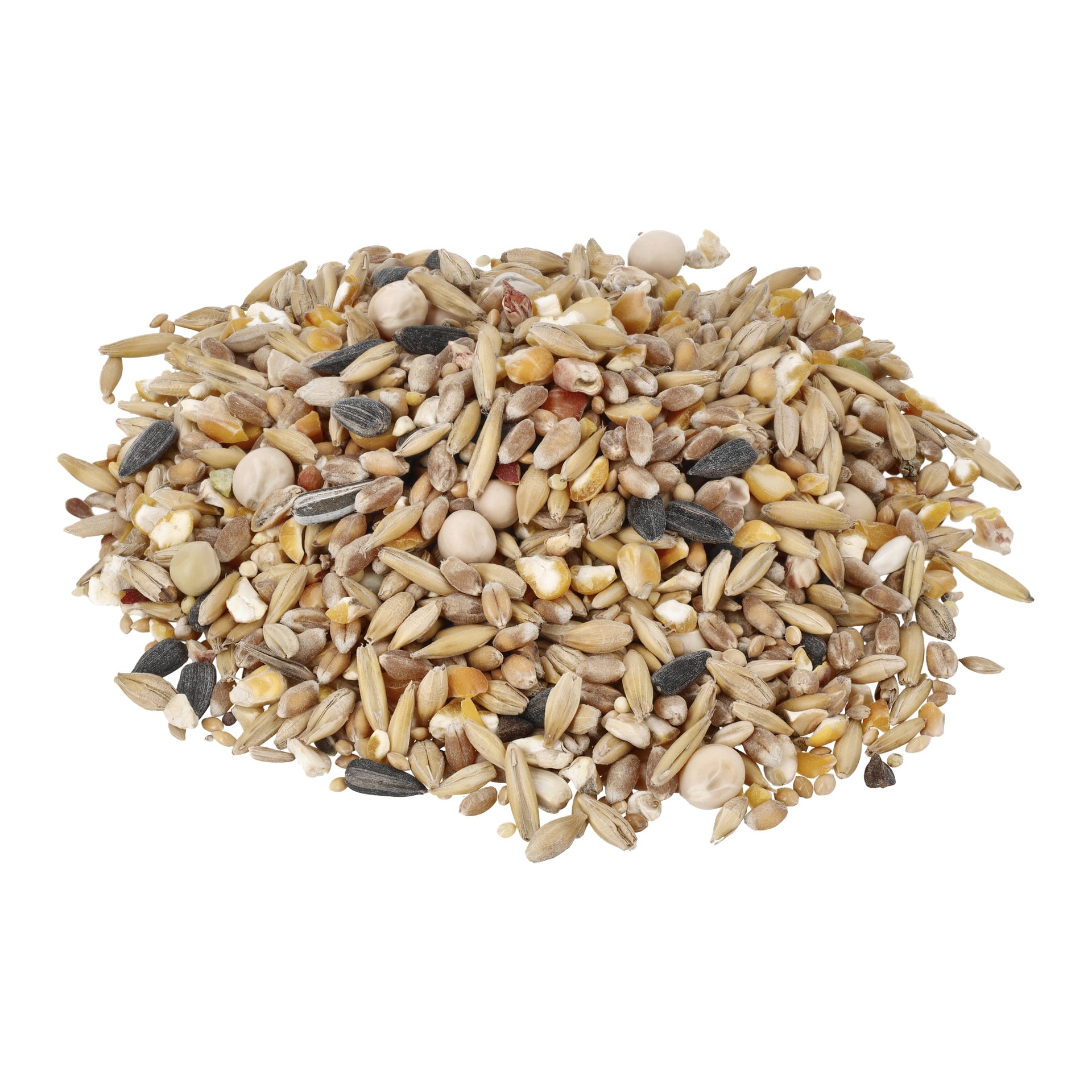 En närbild av Hard Head Seed Mix visar solrosfrön, majs, hirs, ärtor och olika spannmål och frön.