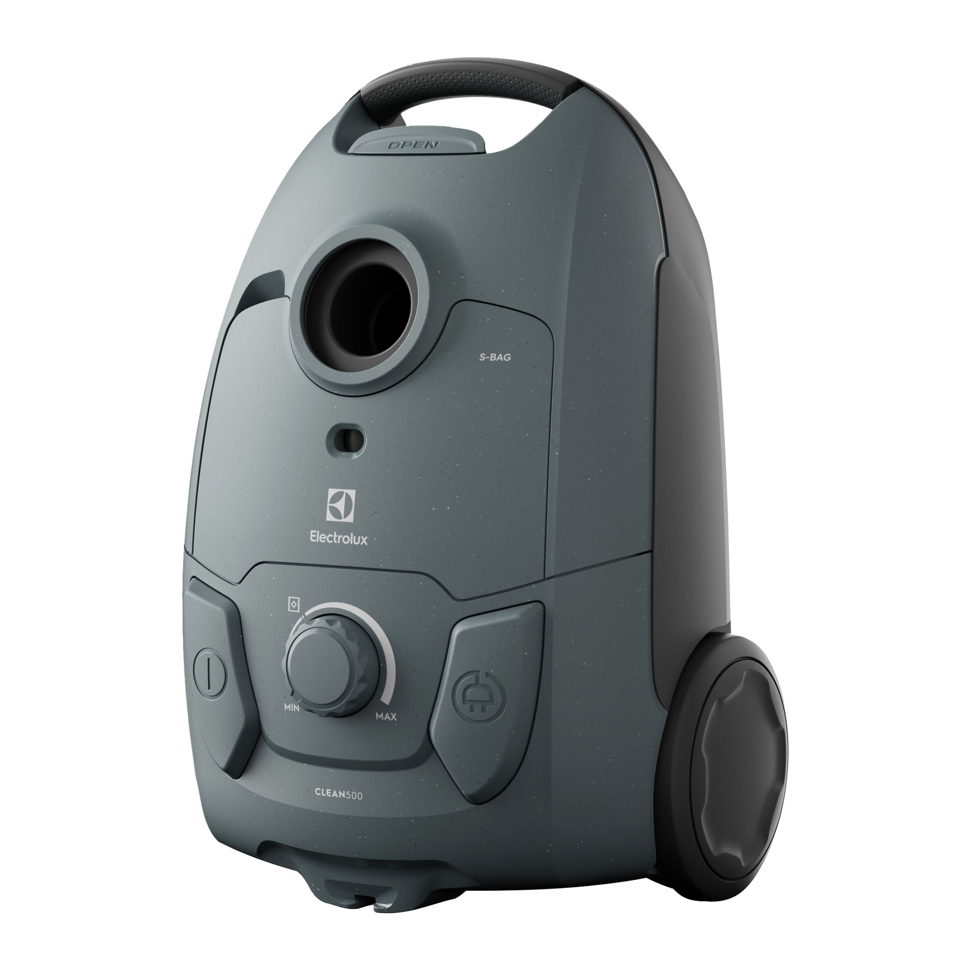 Electrolux Clean 500 EB51C1OG to ciemnoszara odkurzacza z pojemnikami z uchwytem, pokrętłem, przyciskiem zasilania i dwoma kółkami.
