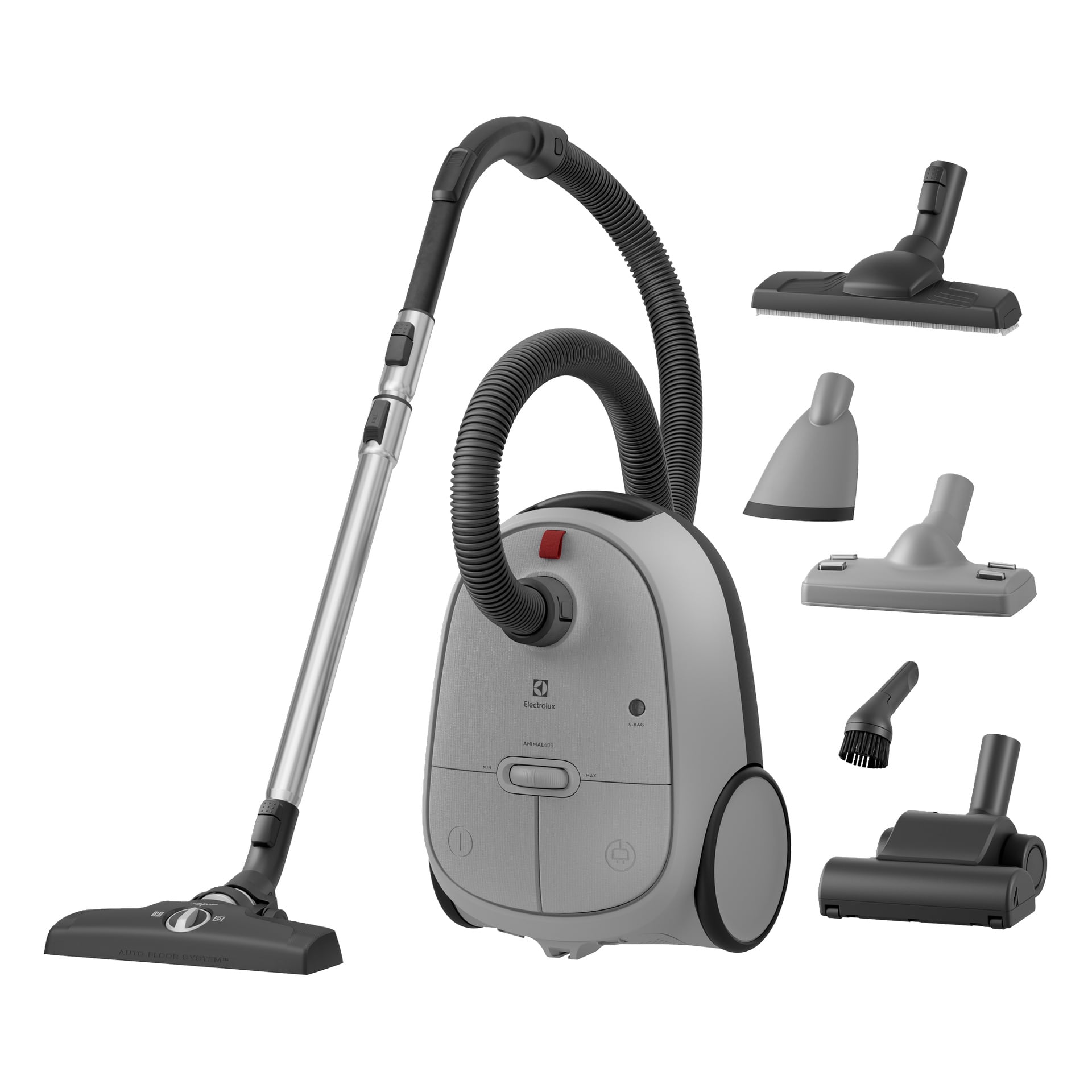 Grå Electrolux Animal 600 dammsugare med slang, metallstav och fem tillbehör: golvhuvud, stoppningsverktyg, borste och munstycken.