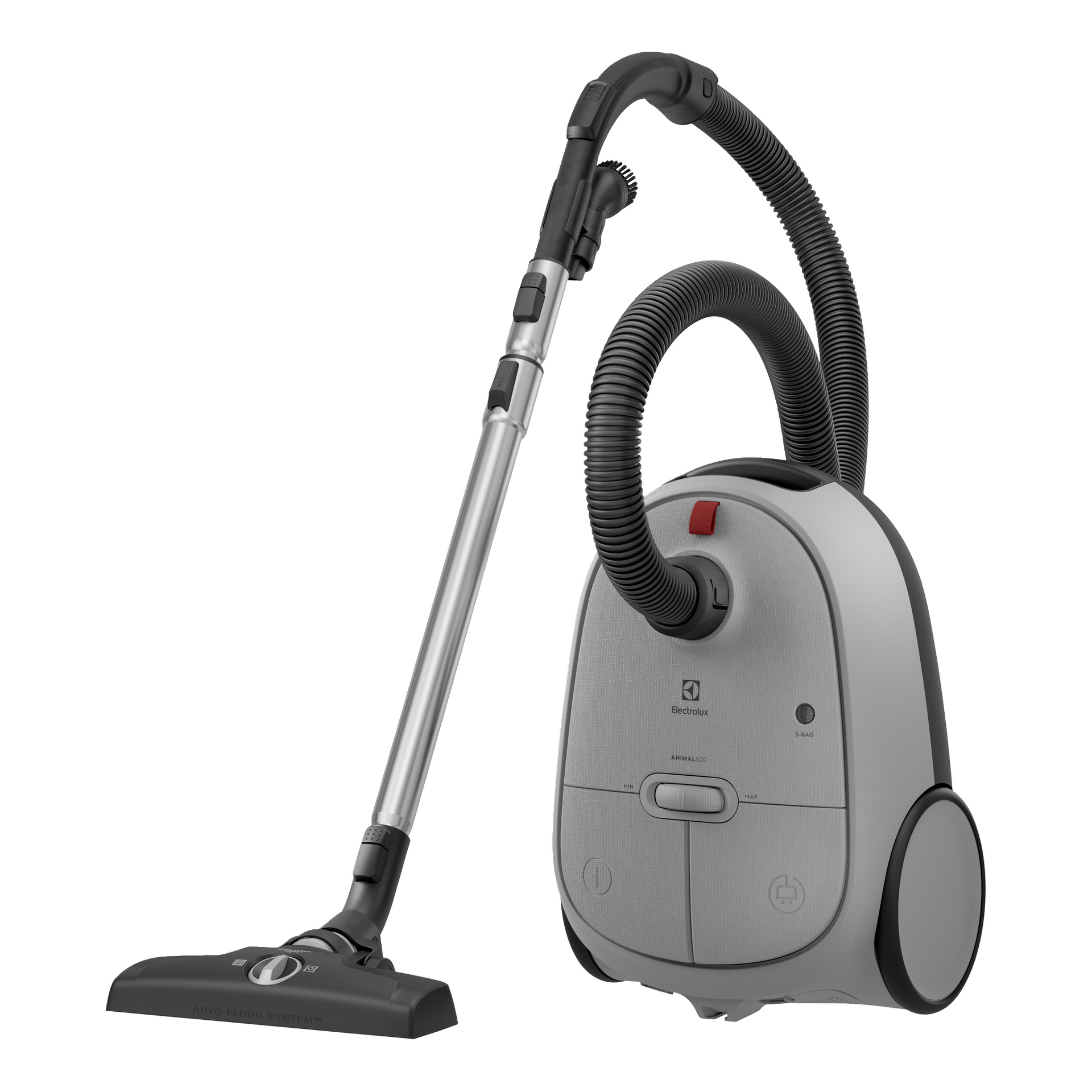 Electrolux Animal 600 EB61A5UG är en grå behållare med svart slang, metallstav, platt munstycke, frontknappar och hjul.