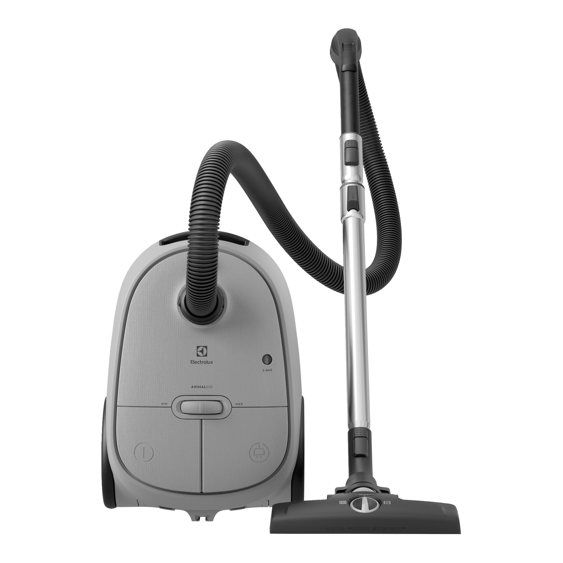 Electrolux Vacuum Animal 600 EB61A5UG med grå behållare, svart slang, metallrör och rektangulär munstycke.
