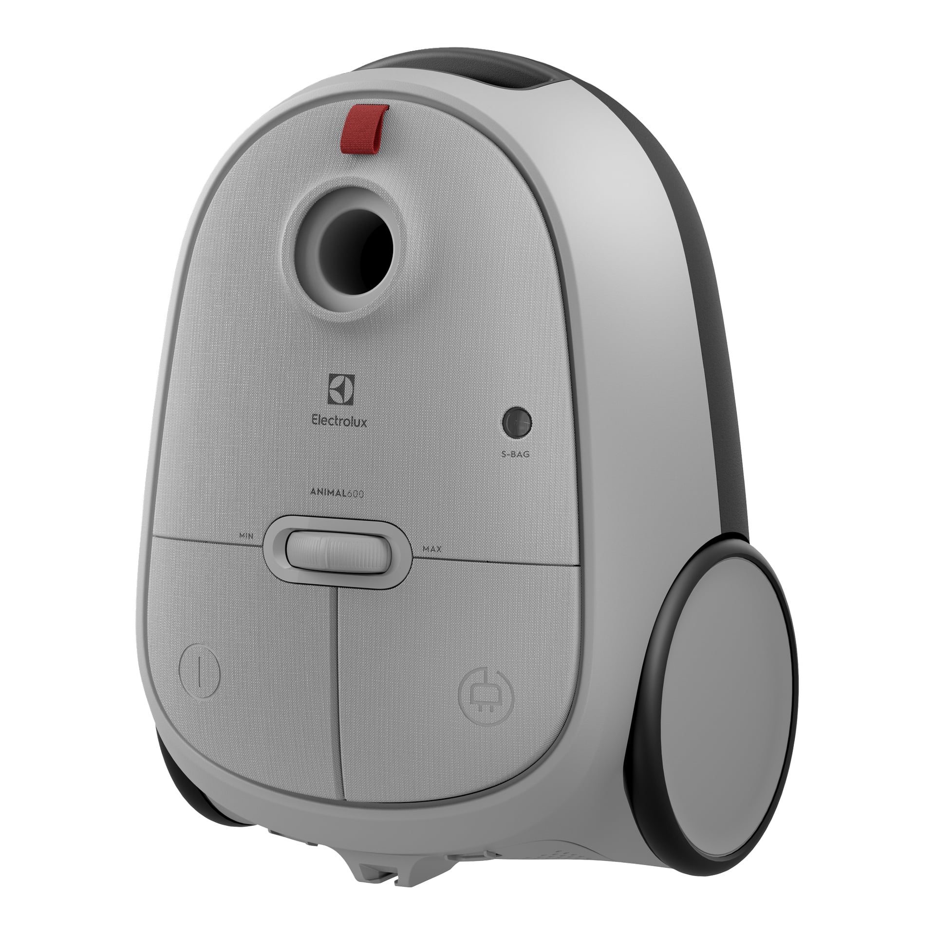 Grå Electrolux Animal 600 EB61A5UG dammsugare med svarta hjul, röd lås, framkontroller och ANIMAL600 samt S-BAG-logotyper fram.