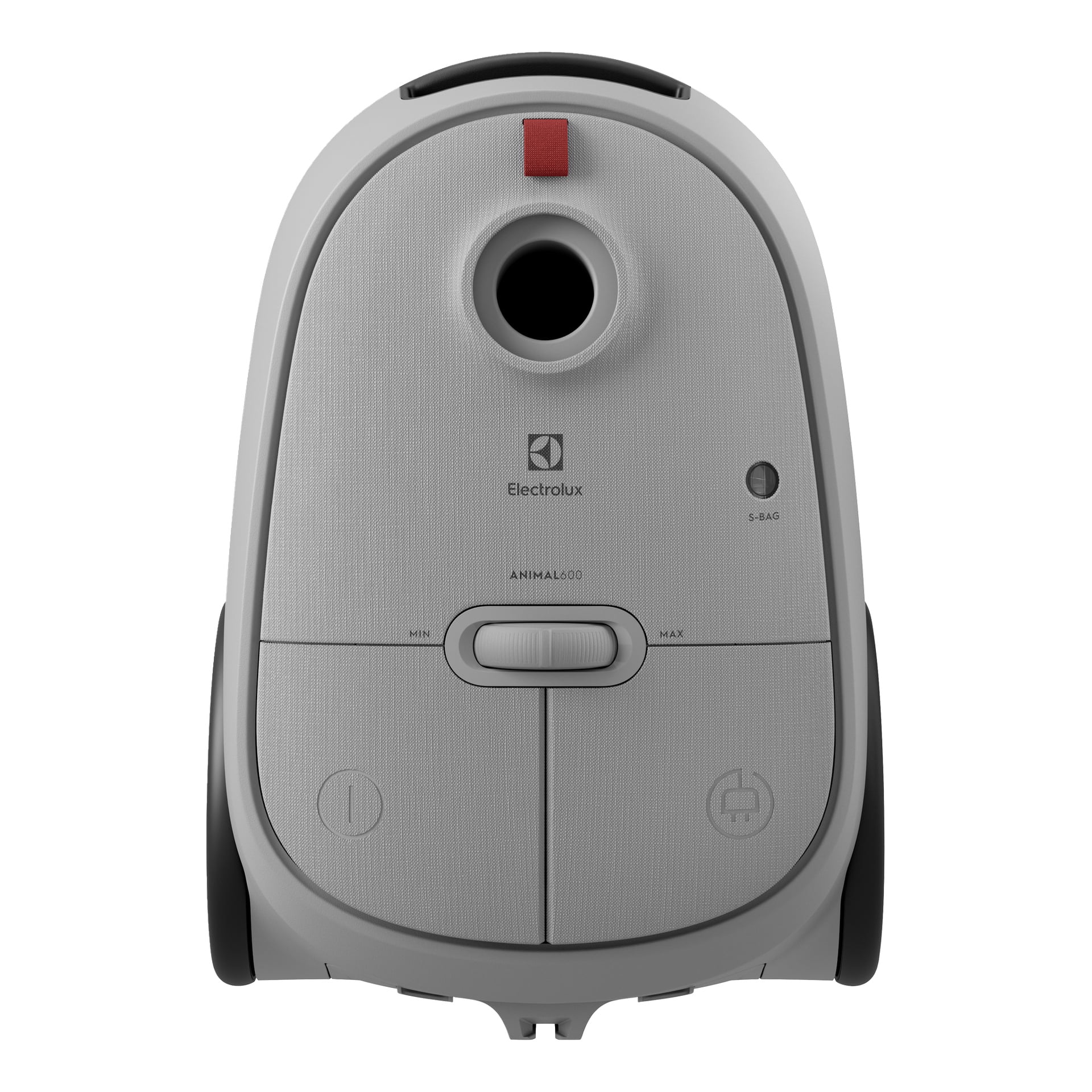 Grå Electrolux Animal 600 EB61A5UG vakuumpåse med cirkulär öppning på toppen, "MIN" och "MAX" längst ner, samt modelletikett.