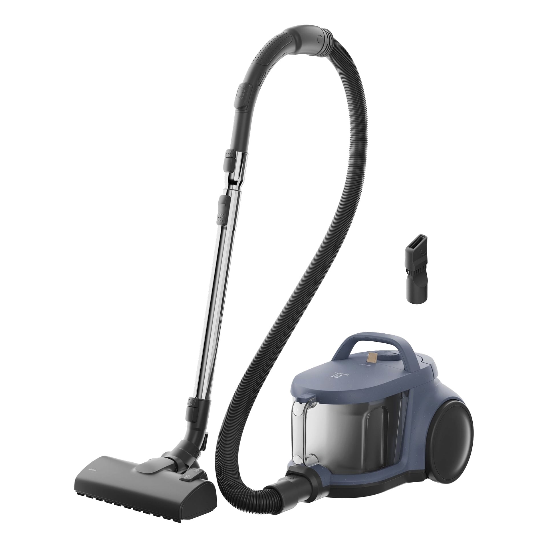 Electrolux Bagless Clean 500 EL51C1LDB imuri, jossa on läpinäkyvä pölyastia, pitkä letku, metallinen sauva, lattiakanne ja pieni suutinlisälaite.