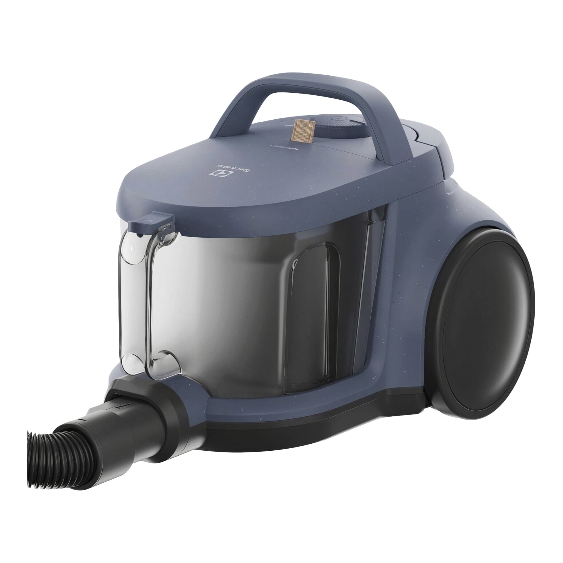 Electrolux Clean 500 EL51C1LDB är en blå dammsugare med genomskinlig dammbehållare, stora bakhjul, övre handtag och svart framslang.