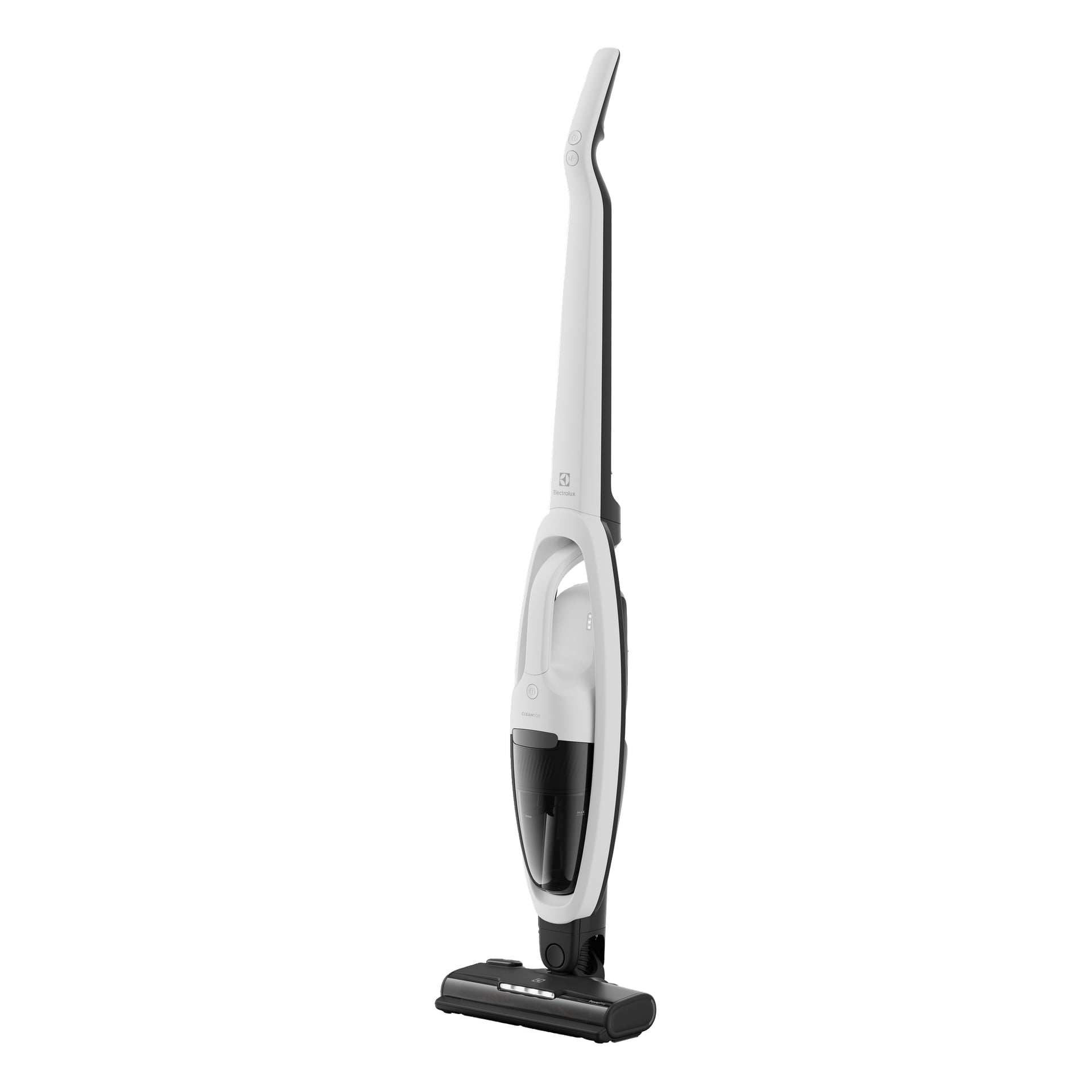 Electrolux 500 Clean er en hvit og svart trådløs oppreist støvsuger med en slank kropp, øvre håndtak og lavprofil gulvhode.