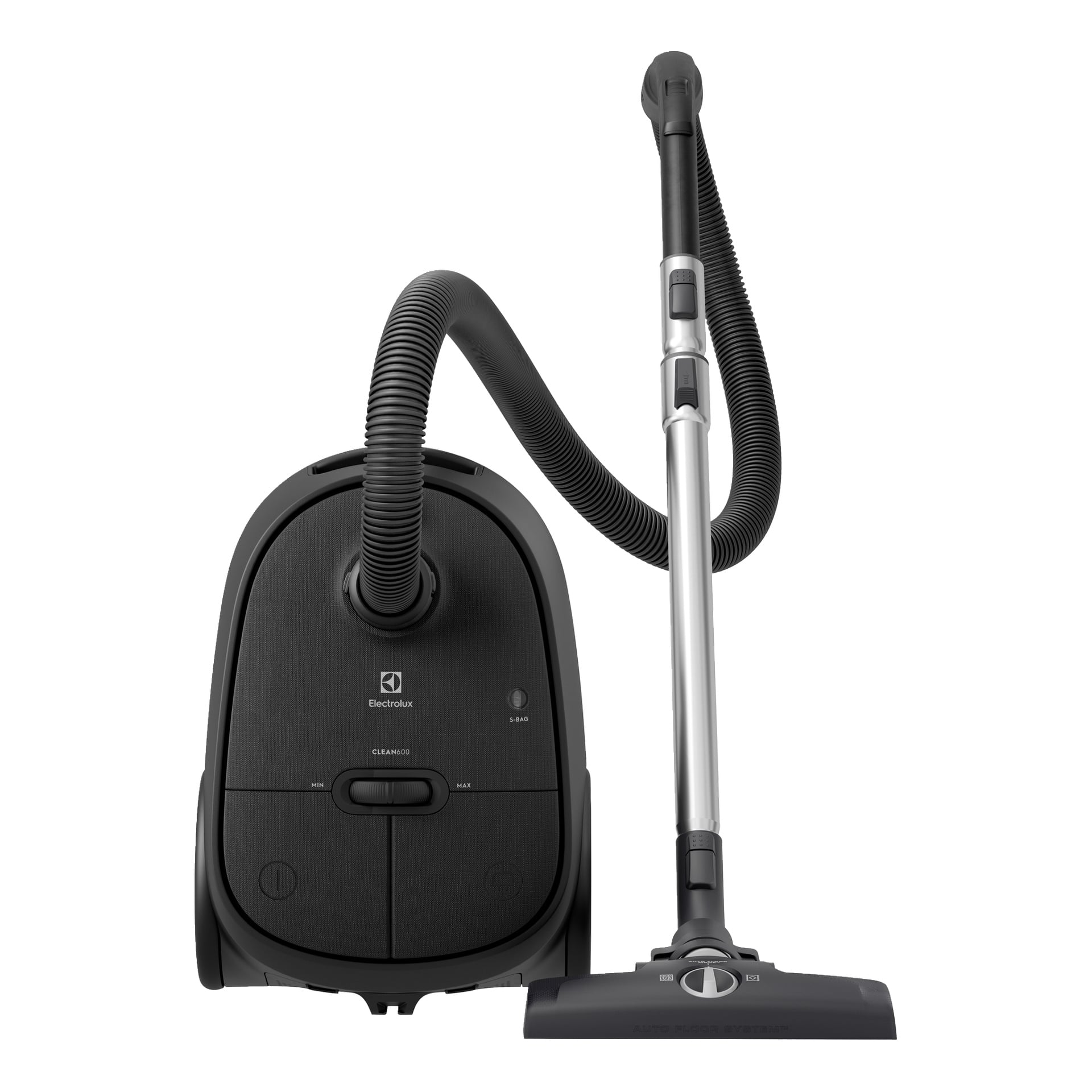 Electrolux Clean 600 är en svart behållare med en flexibel slang, utdragbar metallstav och platt munstycke som står upprätt.