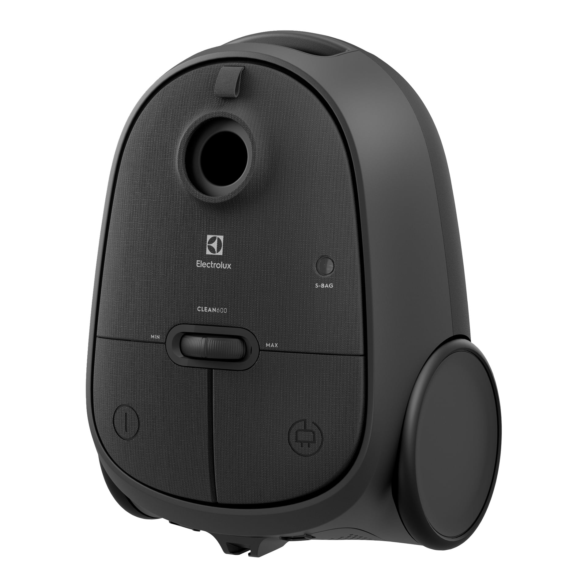 Electrolux Clean 600 dammsugaren är svart och mörkgrå, vinklad för att visa dess främre knappar, väskfack och stora sidohjul.