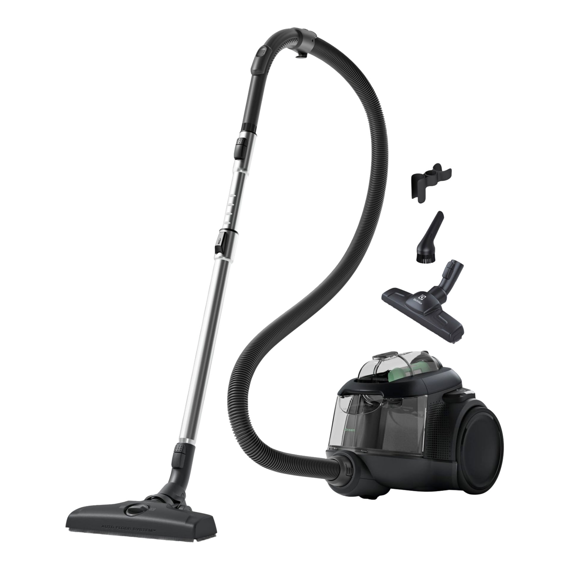 Black Electrolux Clean 600 EL61C2GRN påslös dammsugare med genomskinlig dammbehållare, metallteleskoprör, flexibel slang och tre munstycken.
