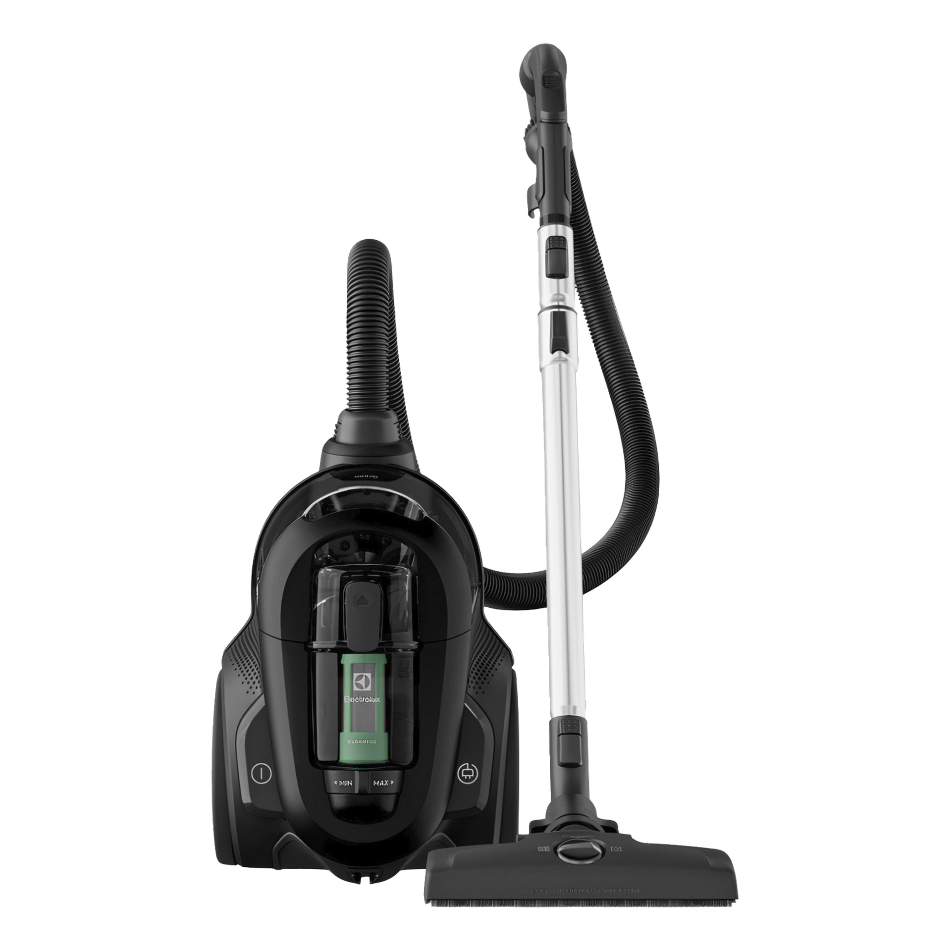 Electrolux Clean 600 EL61C2GRN dammsugaren har en svart behållare, genomskinlig dammbehållare, flexibel slang, silverstav och brett munstycke.