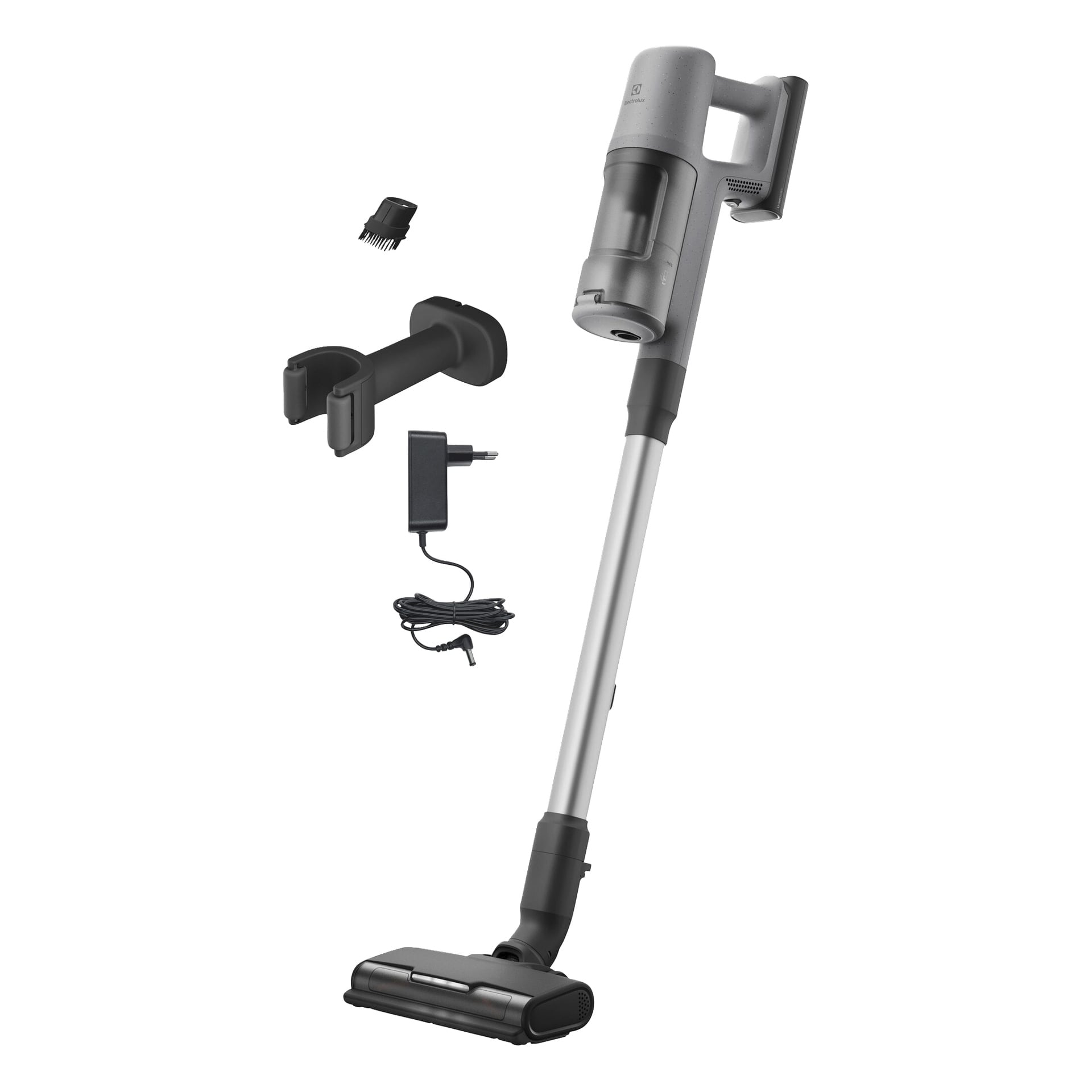 Electrolux Upright Vacuum 600 Clean EP61CB21UG med søppelbøtte, veggmontering, liten børste og ladeadapter vises.