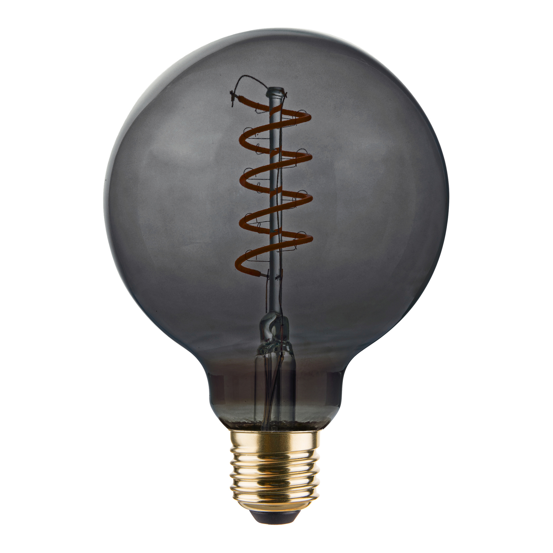Anslut Dimmable Globe lampa LED har ett runt, rökigt grått utseende med synlig spiralglödtråd och metallisk skruvbas.