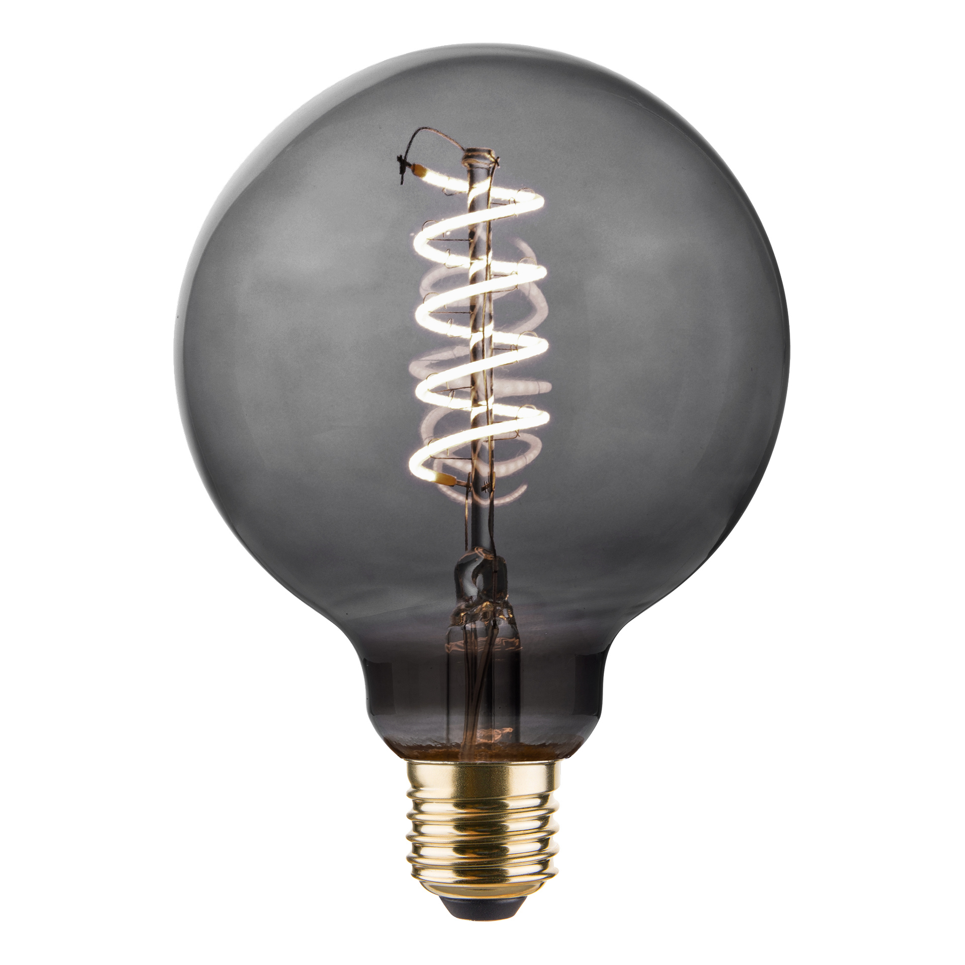 Anslut Dimmable Globe Lamp LED har en klar, rund form med synlig spiralglödtråd och en gyllene skruvsockel.