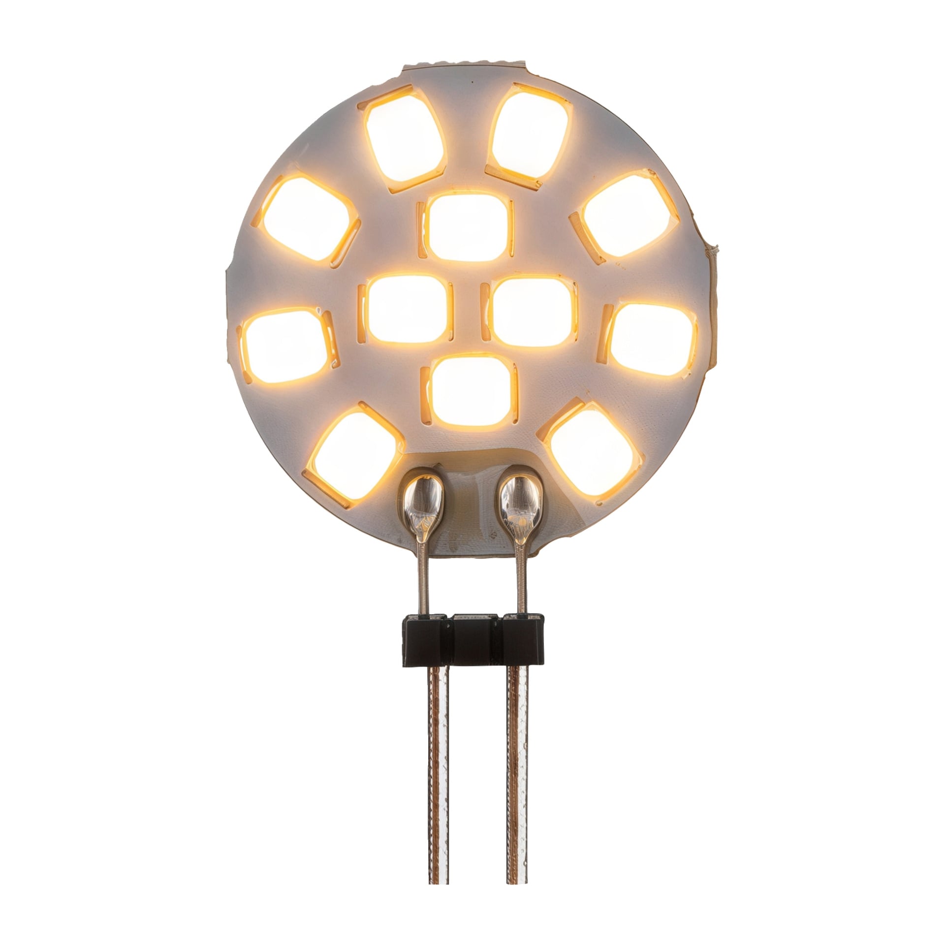 Anslut Pin-lampans LED har åtta lysande cirkulära segment runt kanten, tre i mitten och två kablar vid basen.