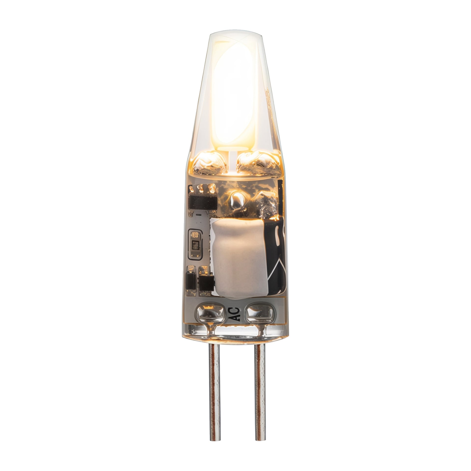 Närbild på en Anslut Pin-lampa med ett genomskinligt hölje som avslöjar dess inre delar och två metallstift vid basen.