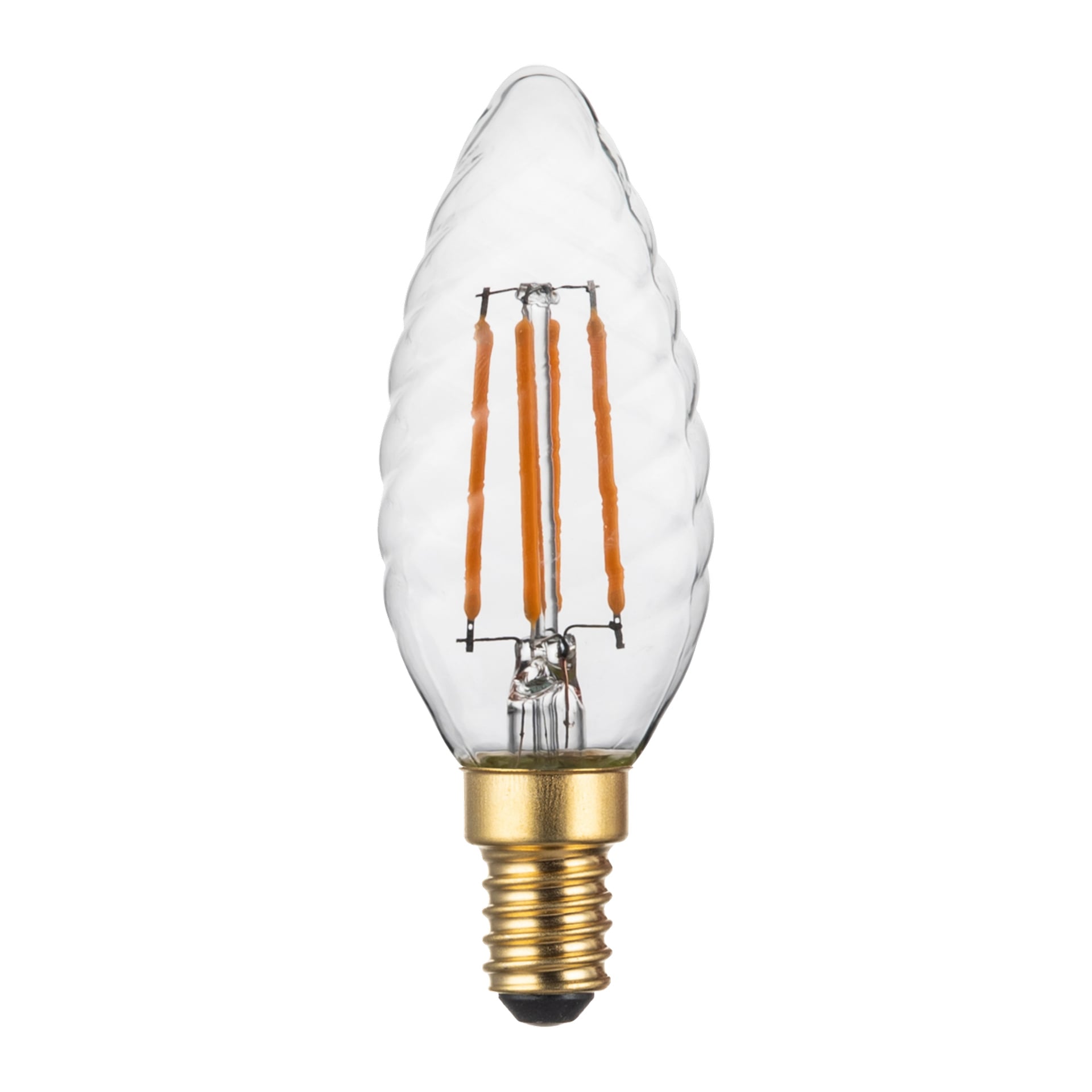 Anslut Dimmable ljuskrona LED-lampa har en klar, flamformad kropp med synlig glödtråd och en guldfärgad skruvbas.