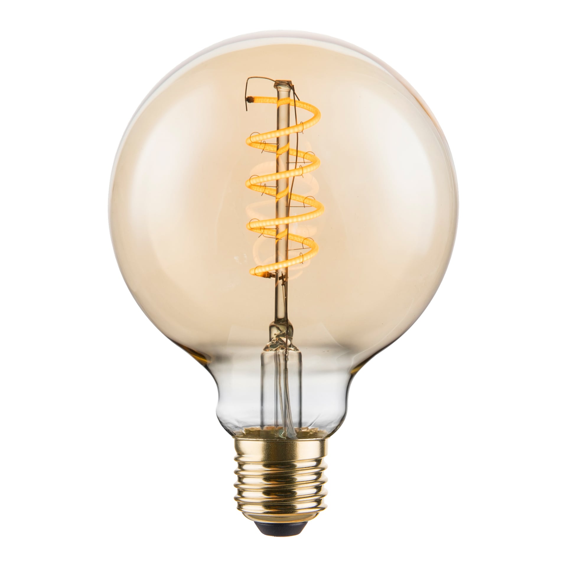 Anslut Dimmable globlampa LED har en transparent, sfärisk glödlampa med synlig spiralglödtråd och metallisk skruvbas.