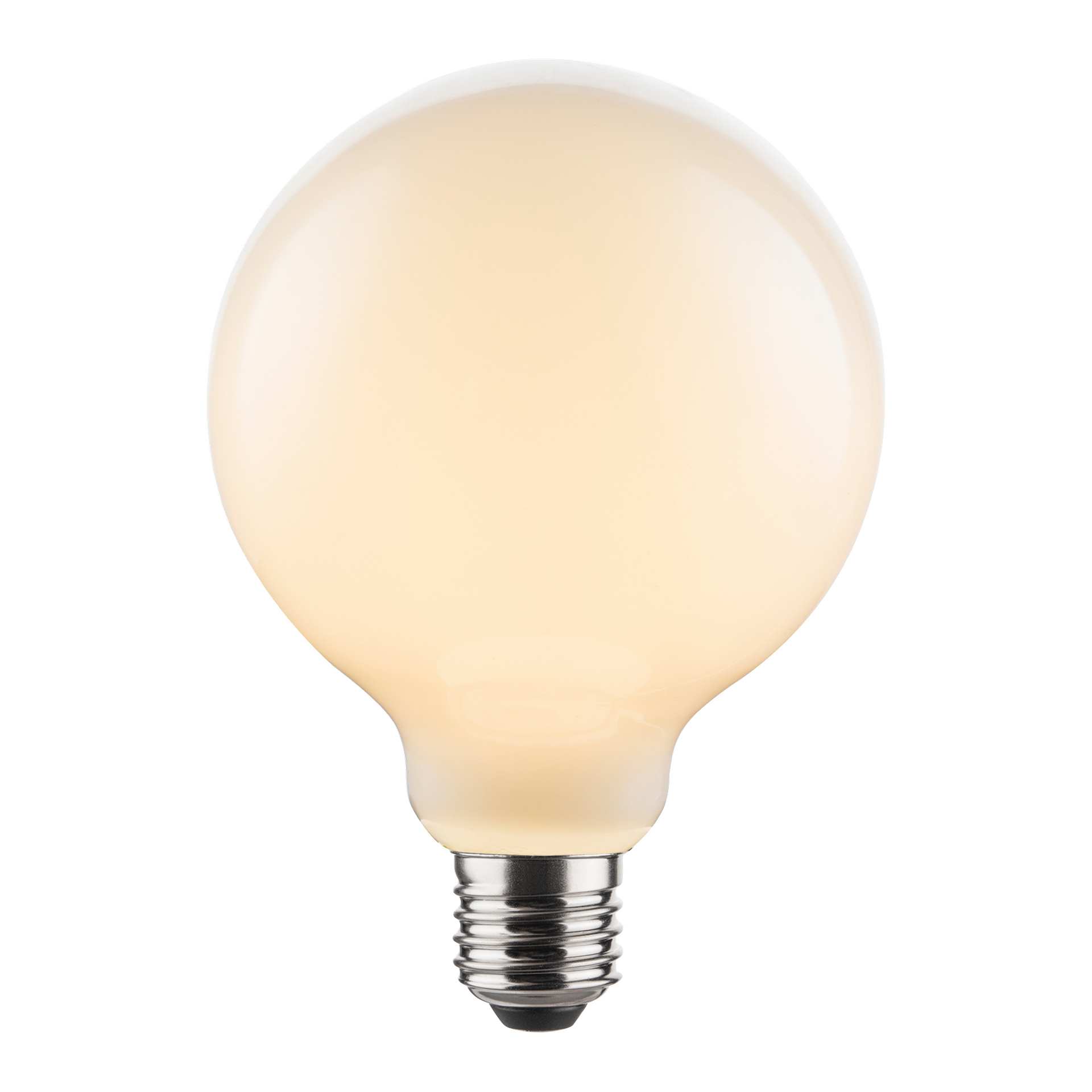 Anslut Dimmable -maapallolampun LED-valo on pyöreä, huurrettu ja metallinen ruuvipohja, joka hehkuu lämpimällä valolla.