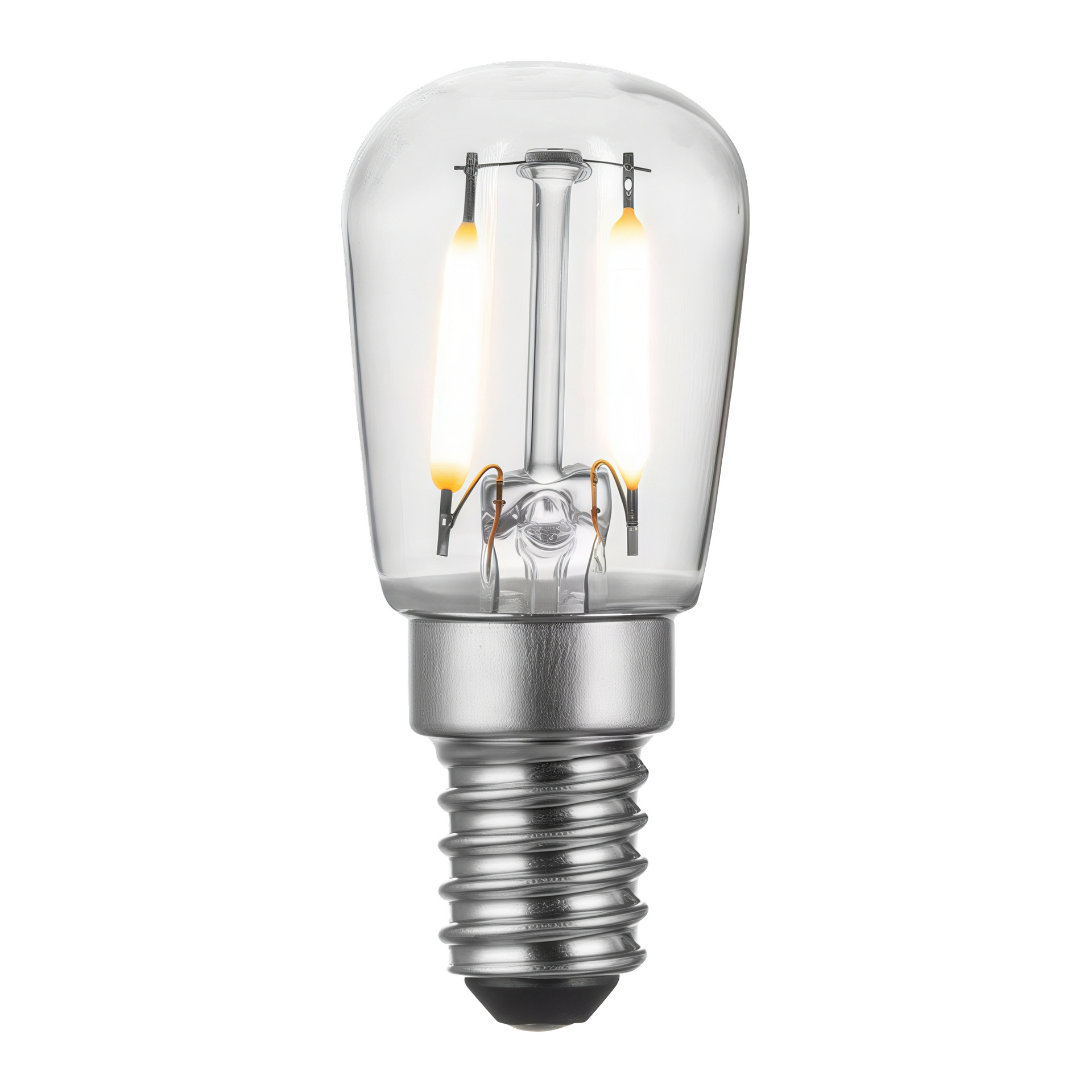 En närbild på Ansluts päronformade LED-lampa med synliga glödtrådar, glashölje och metallisk skruvbas.