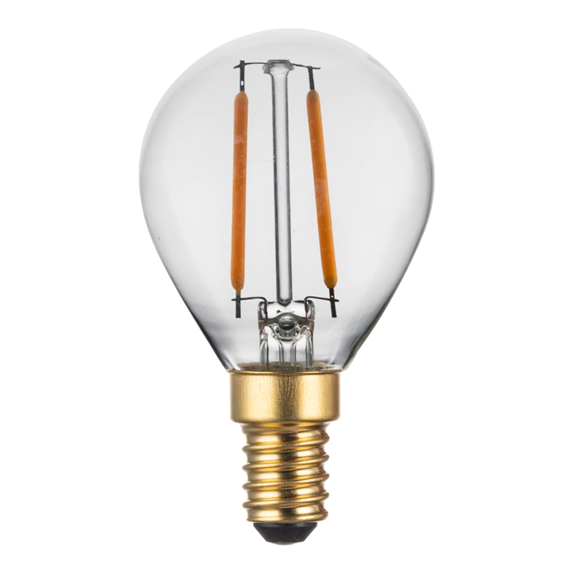 Anslut Globe-lampan LED har en klar, rund glasdesign, en guldfärgad skruvbas och två orange LED-glödtrådar.