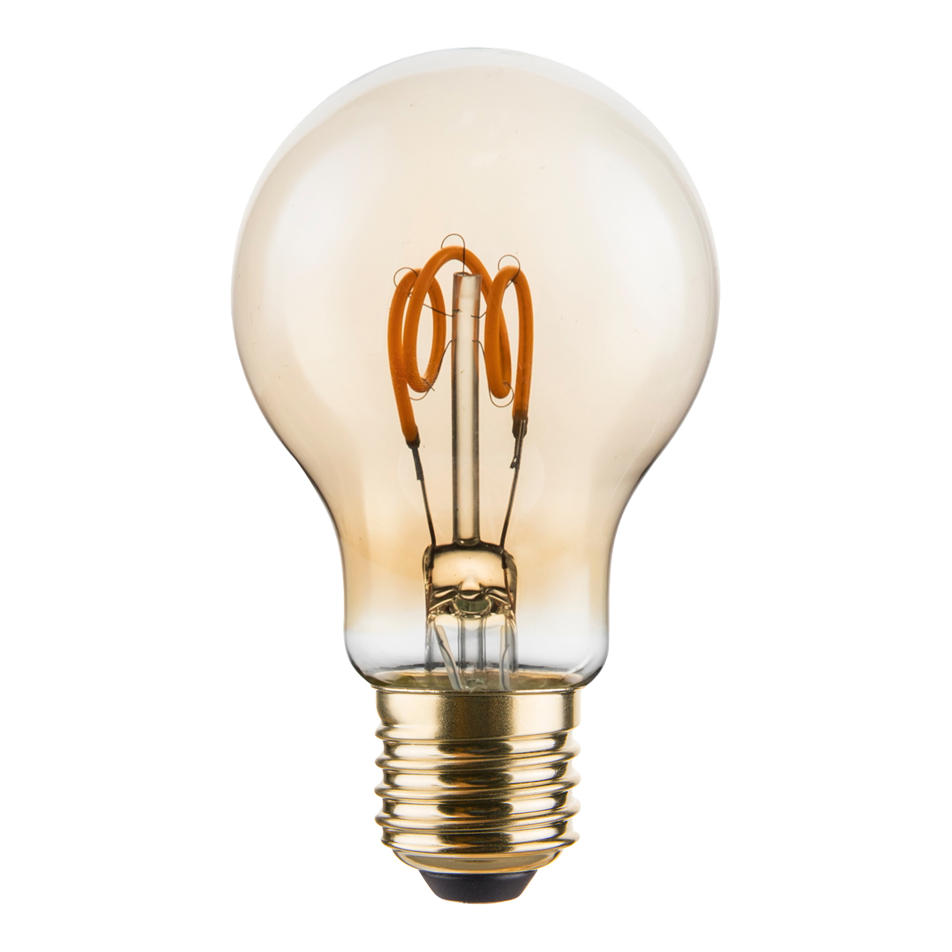 En dimbar LED-lampa från Anslut med transparent kropp, orange glödtråd och guldskruvbas.