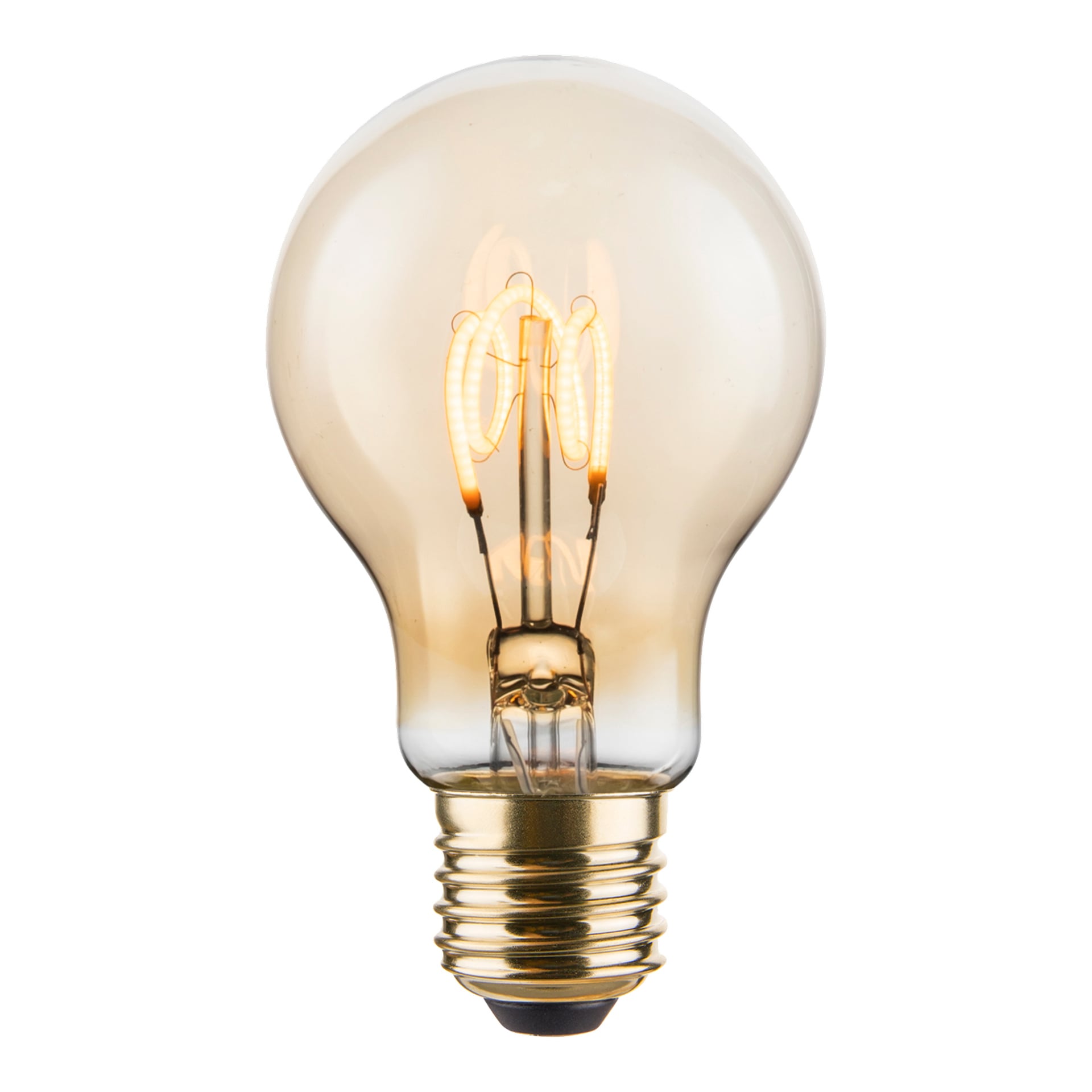 Dimmbar LED-lampa från Anslut med metallisk skruvbas, transparent kropp och synliga inre delar.