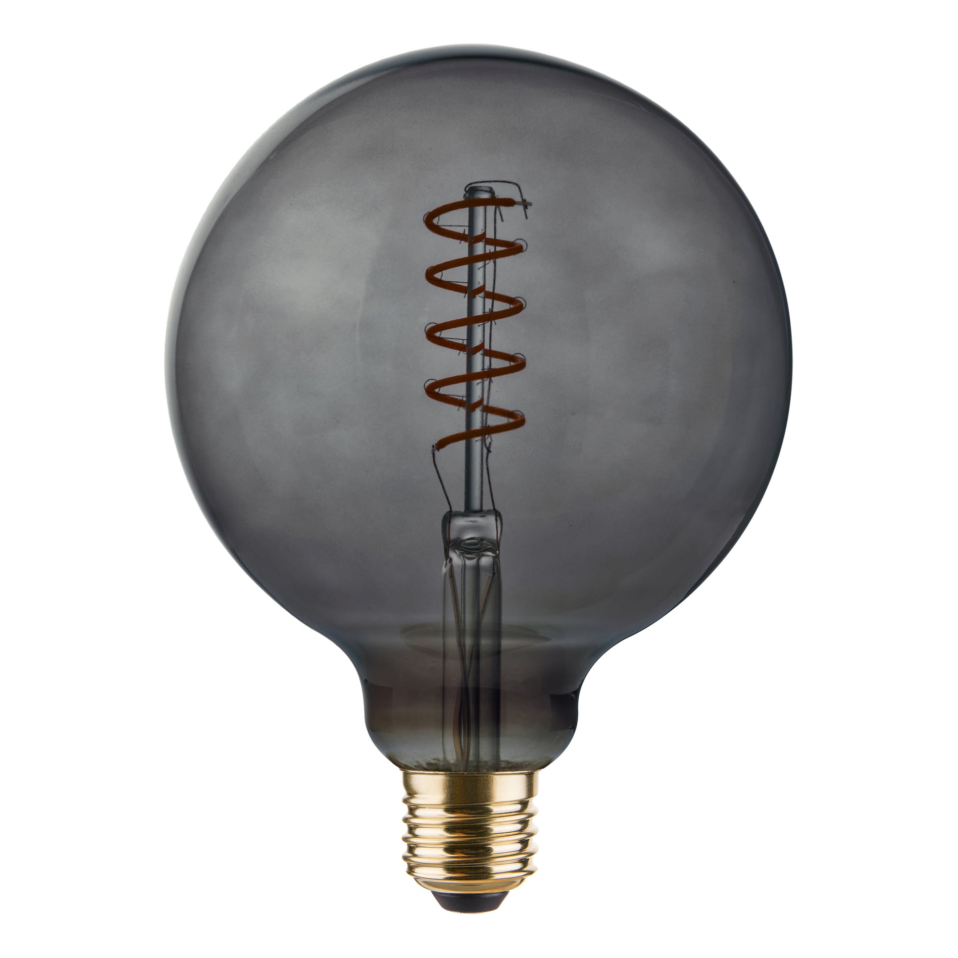 Anslut Dimmable Globe lampa LED har ett runt, rökigt grått utseende med synlig spiralglödtråd och mässingsskruvbas.