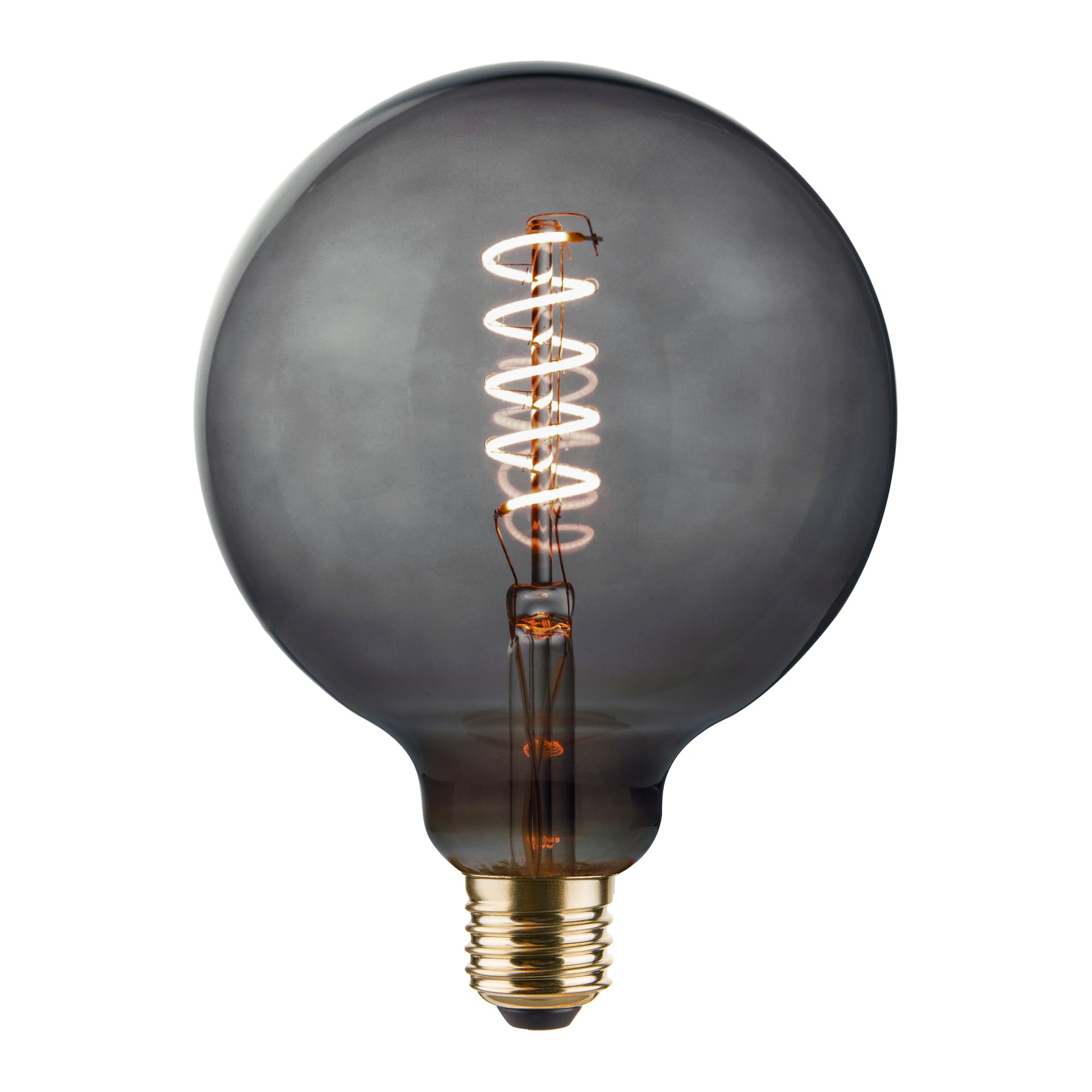 En närbild på Anslut Dimmable Globe Lamp LED visar en rund, klar glödlampa med spiralglödtråd och metallisk skruvbas.