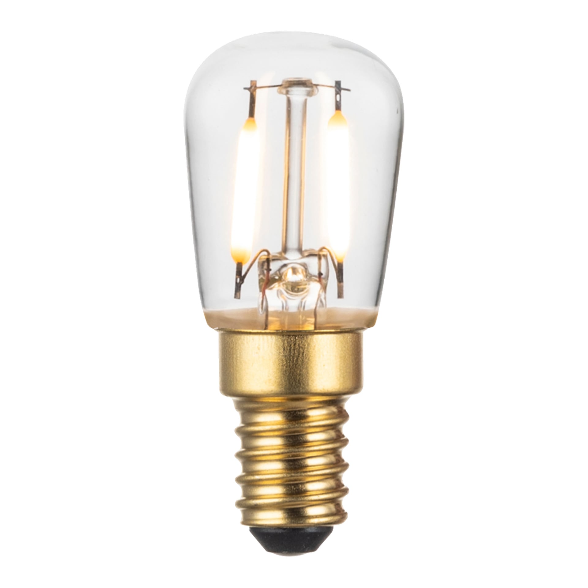 En tänd Anslut päronformad LED-lampa med synliga glödtrådar inuti klart glas och en metallisk skruvbas, lämplig för dekoration eller apparater.