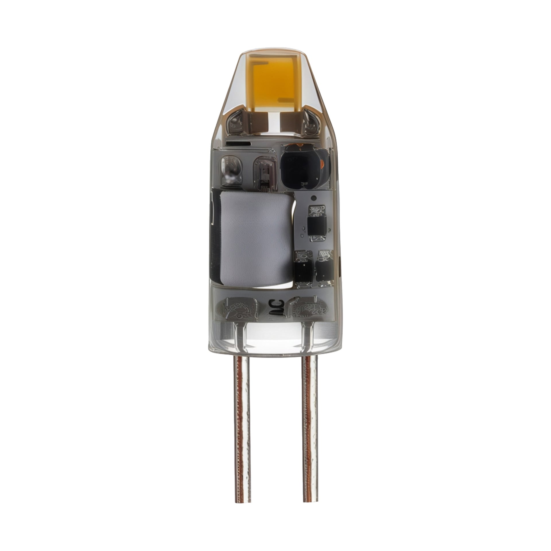 Närbild på Anslut Pin-lampans LED, som framhäver dess klara kapselform med synliga inre delar och två metallstift vid basen.