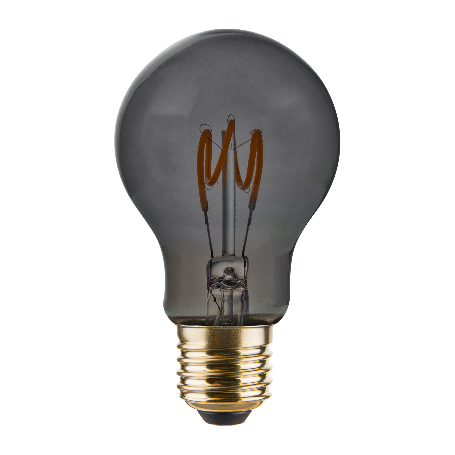 Anslut dimbar LED-lampa har en synlig glödtråd, svarttonat glas och en metallskruvbas.