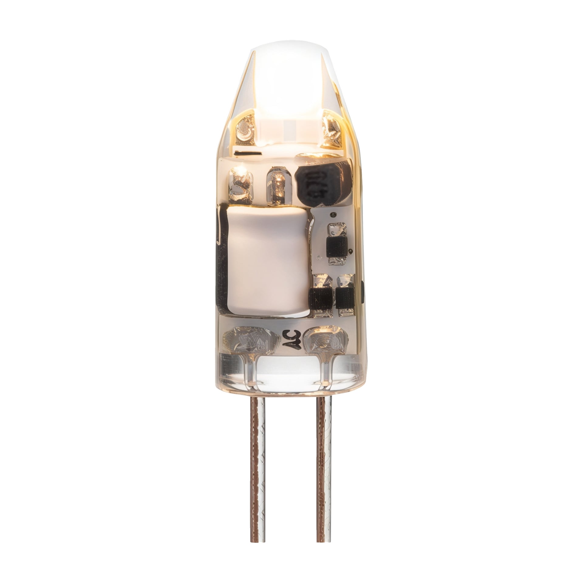 Detaljerad vy av en Anslut Pin-lampa med transparent fodral, synliga inre delar och två metallstift för anslutning vid basen.