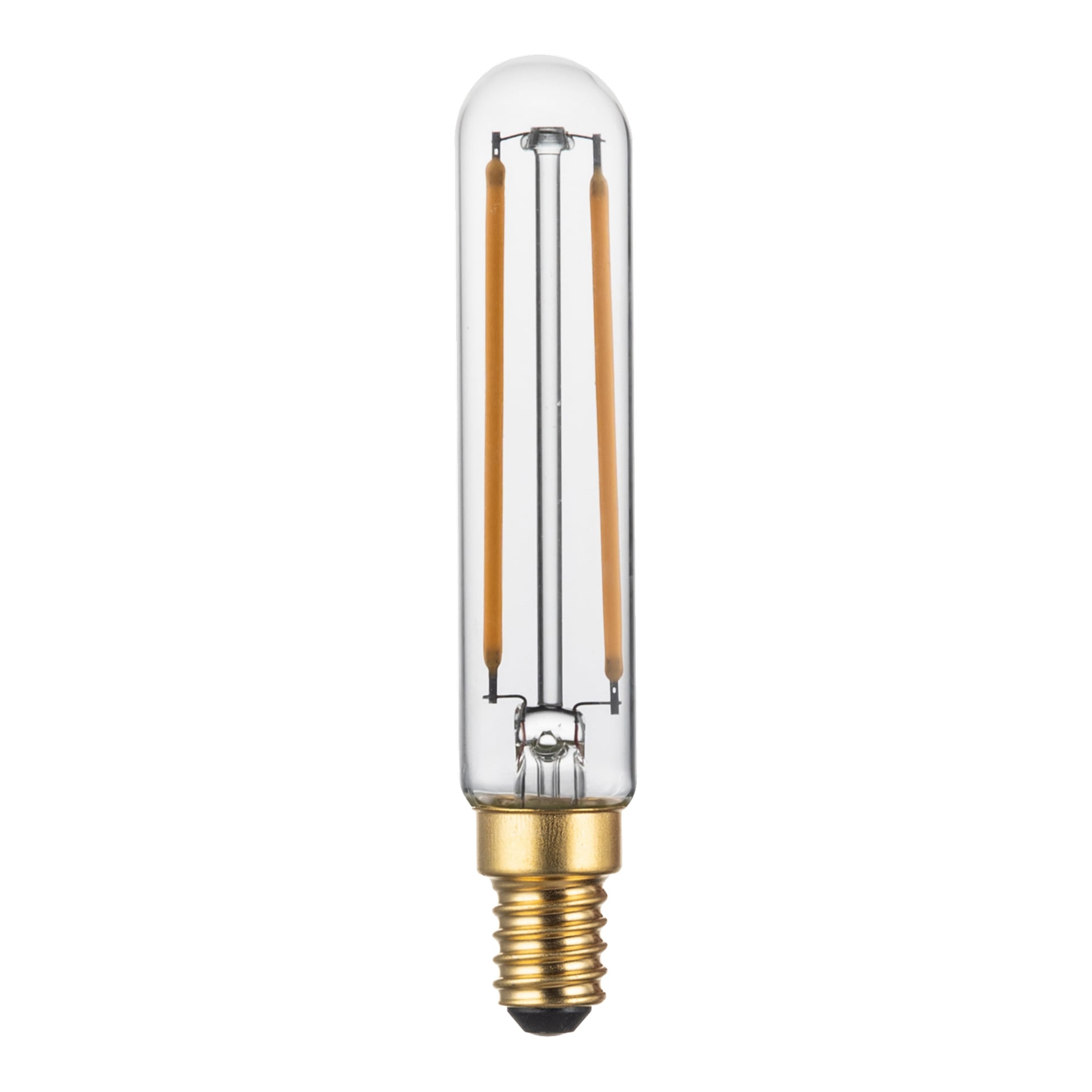 Anslut Dimmable tubformade LED-lampa har ett klart cylindriskt glas, en sockel med guldskruv och två orangea glödtrådar.