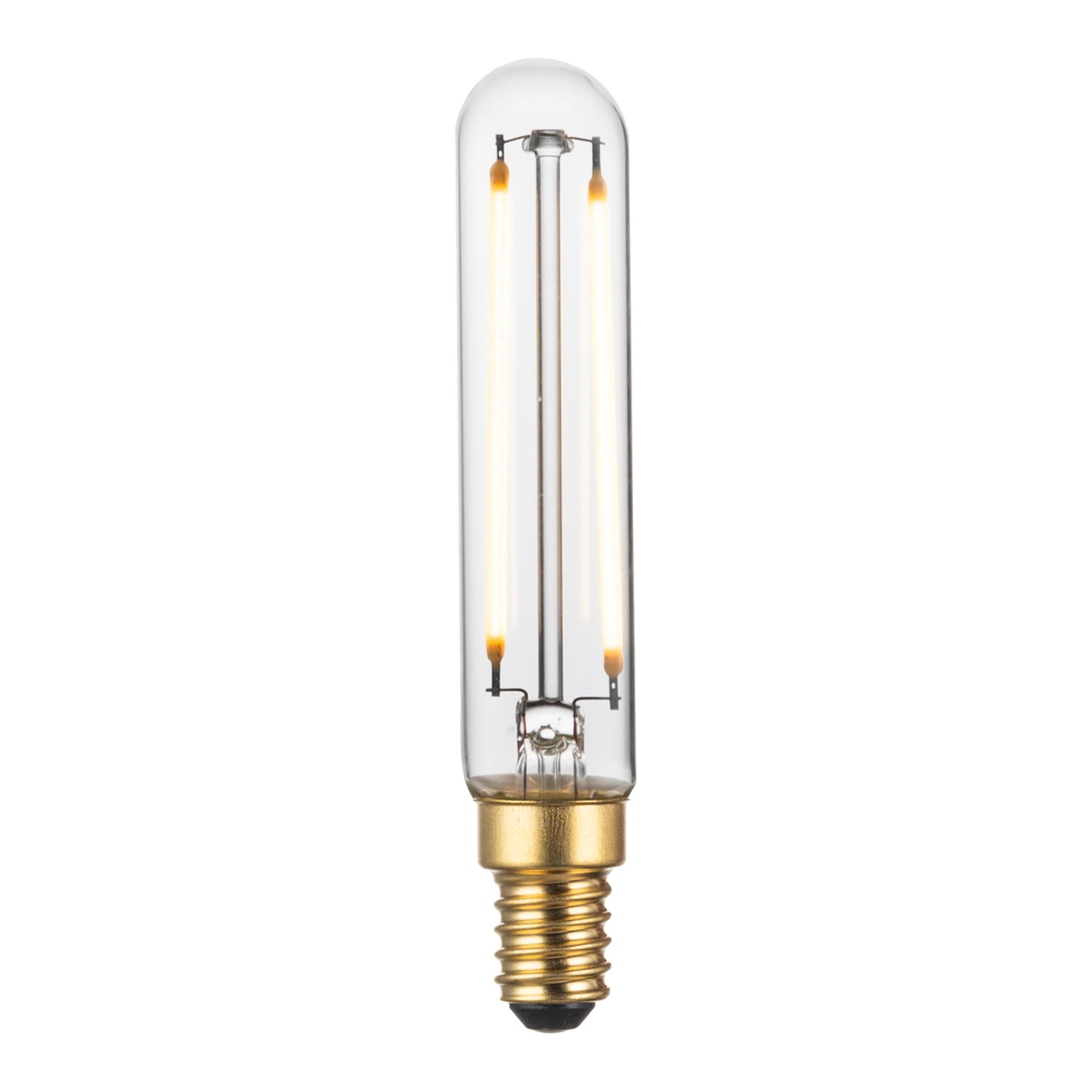 Anslut Dimmable tubformade LED-lampa har en klar glaskropp, exponerade glödtrådsliknande remsor och en guldfärgad skruvbas som visas upprätt.
