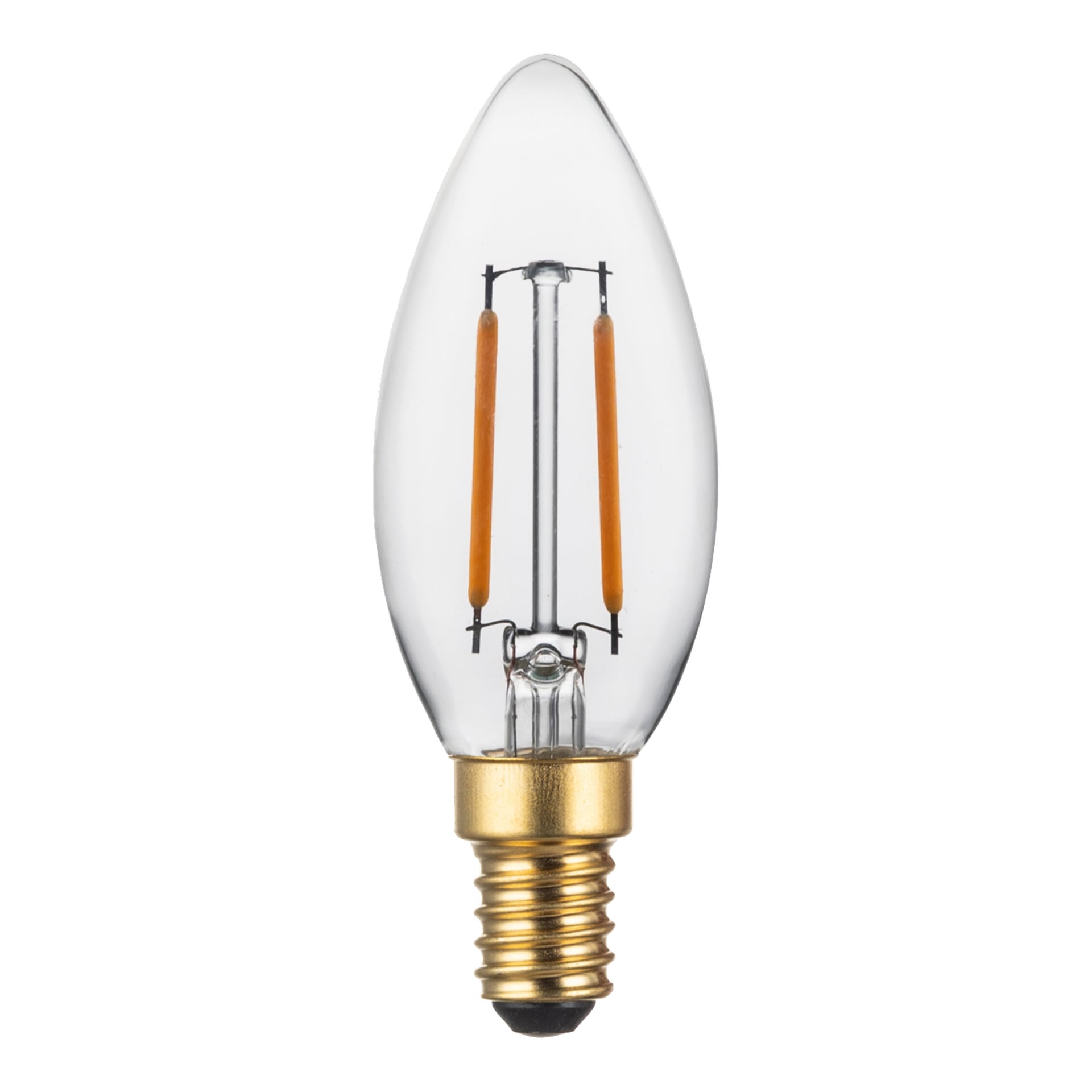 Anslut LED-ljuskrona med klar, ljusliknande glasform, guldfärgad skruvbas och exponerade glödtrådar.