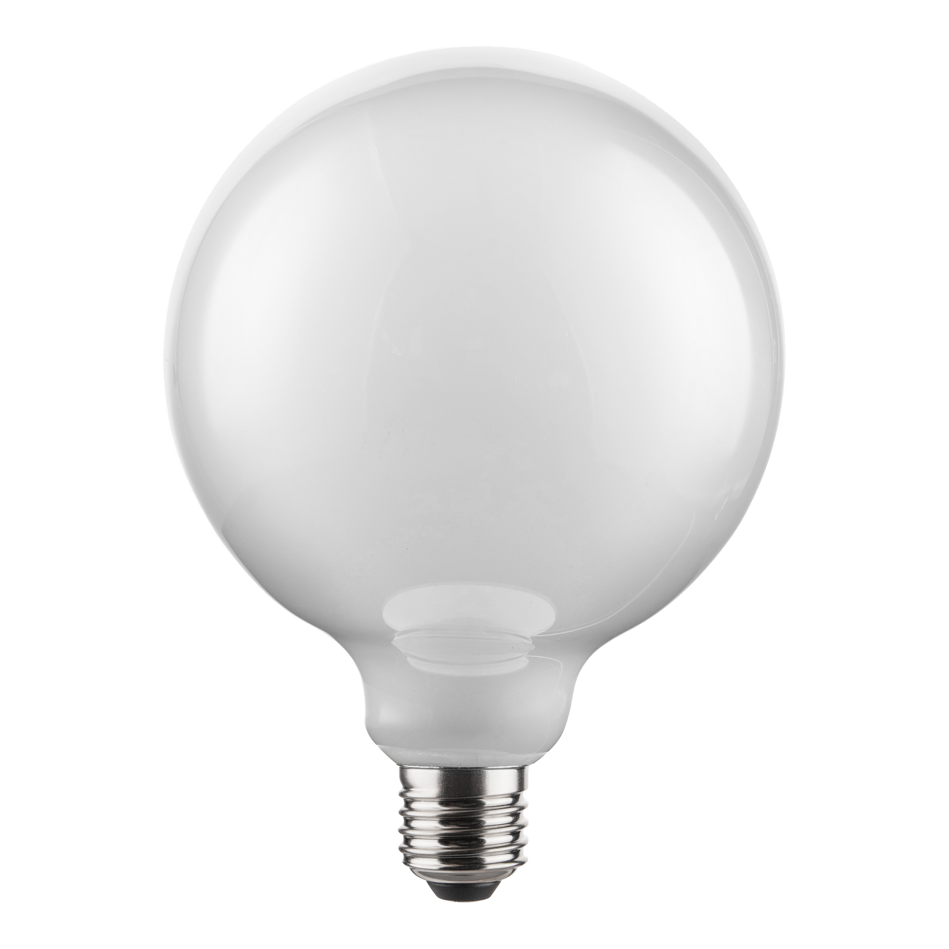 Anslut dimmbar LED-kule-lampe med frostet, rund pære og metallisk skruebase, vist utent.