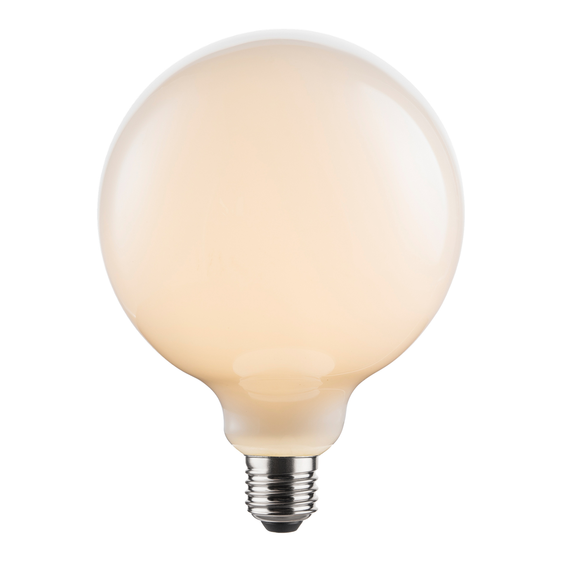 Anslut Dimmable Globe lamp LED er en frostet, rund pære med synlig metallskrue, som gir ut et mildt, varmt skjær.