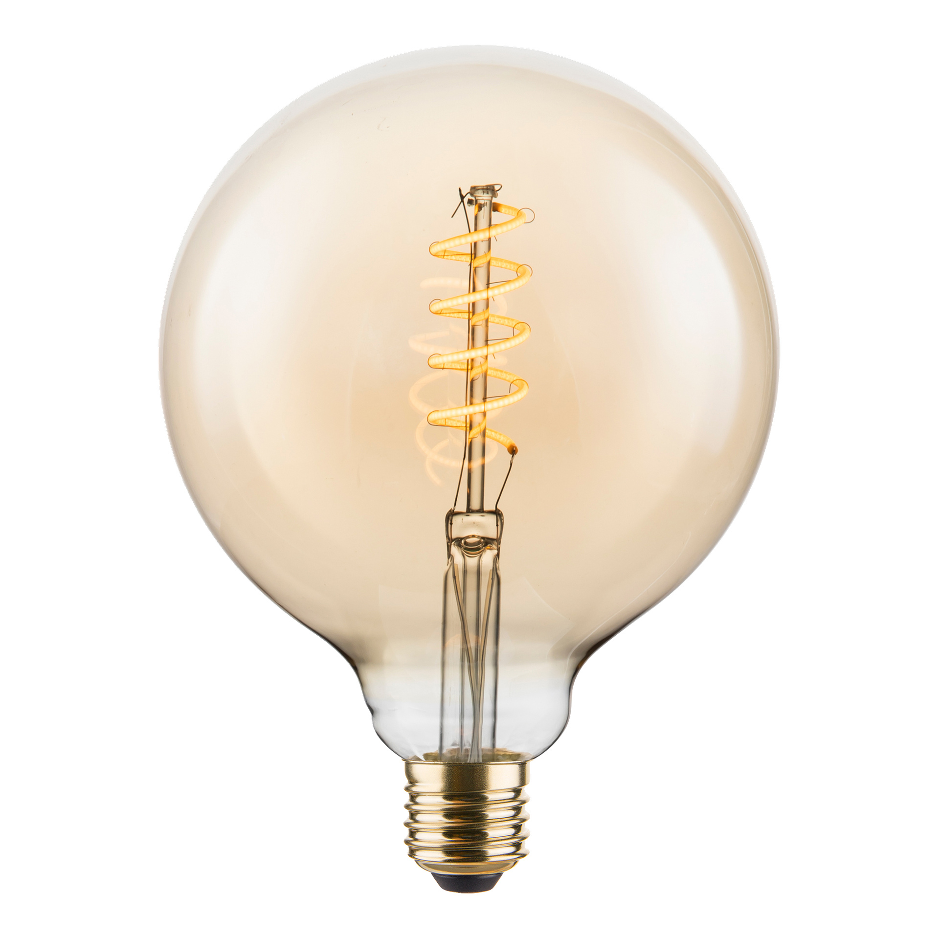 Anslut Dimmable Globe Lamp LED har en rund, klar glaskropp med synlig spiralglödtråd och metallisk skruvbas.