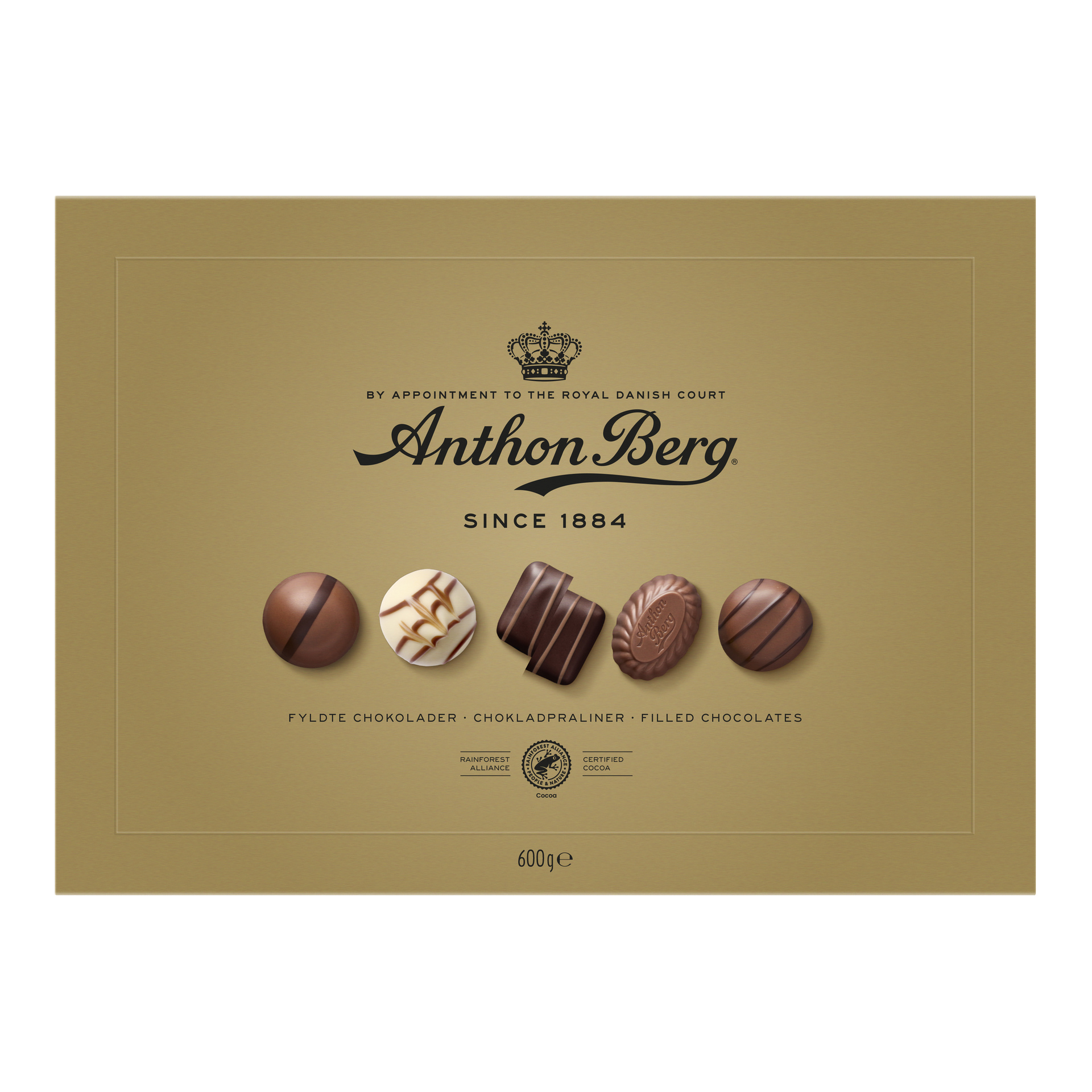Kultainen Anthon Berg -suklaarasia, jossa on kruunulogo, kuvia kuudesta suklaasta, 600g merkinnät, brändäys ja sertifiointiikonit.