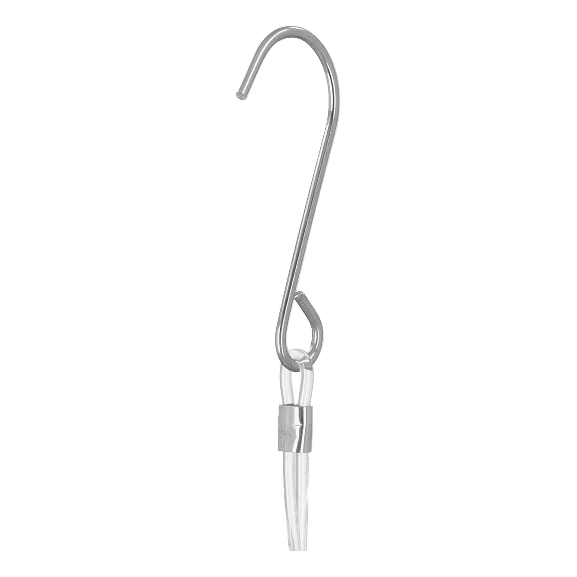 En närbild av Anslut LED Solar-lyktan lyfter fram dess metallkrok, fäst vid en genomskinlig kabel och säkrad med en metallhylsa.