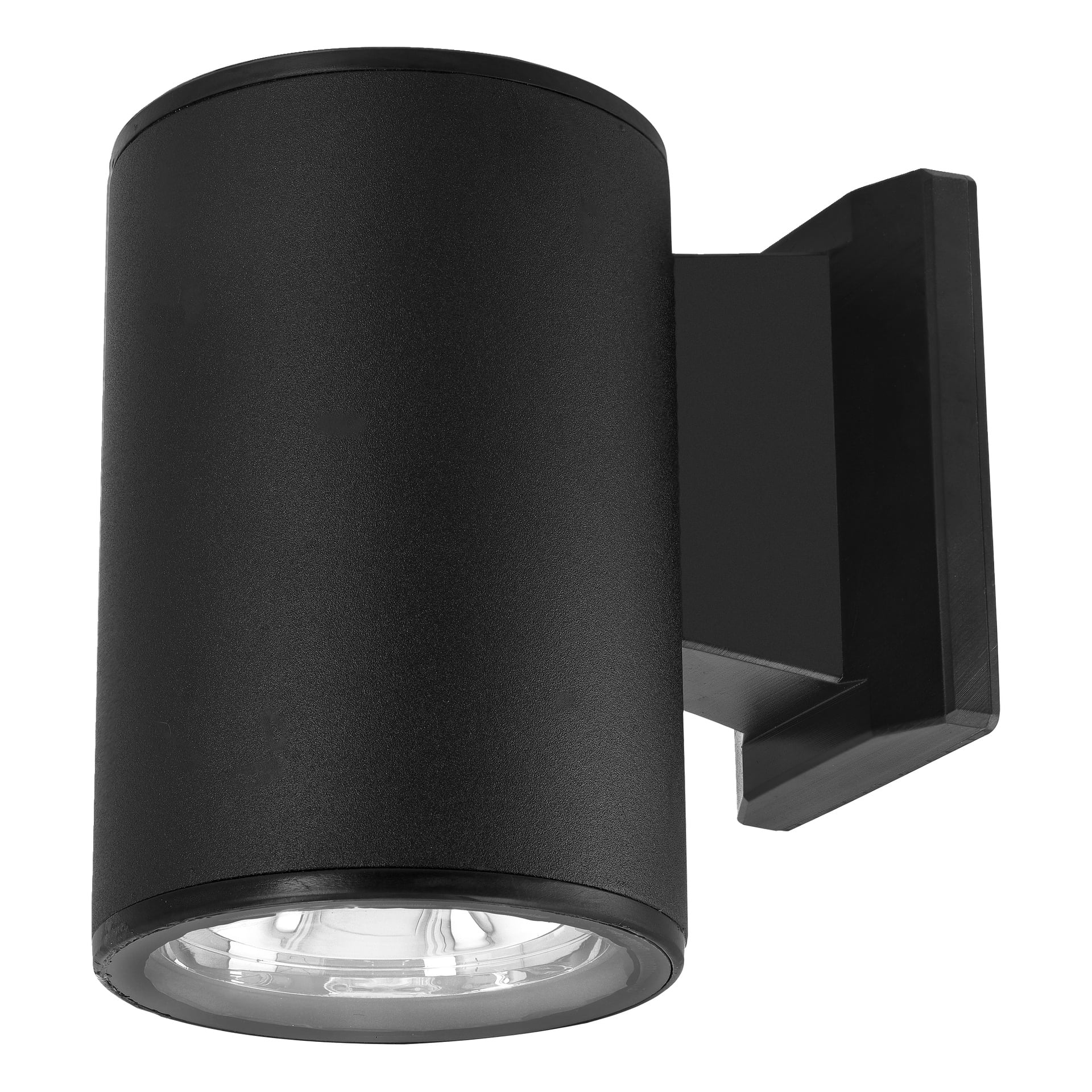 En svart sylinderformet Anslut LED solcellevegglampe har en flat rektangulær brakett og en synlig pære plassert under.