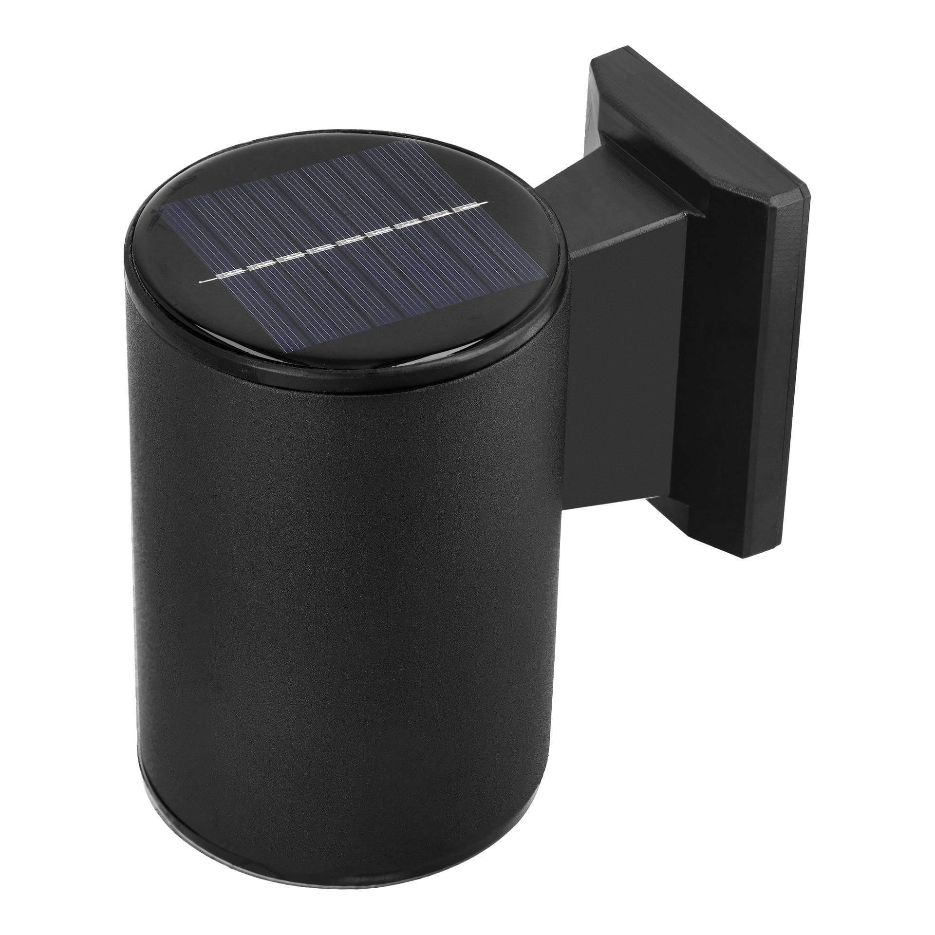 En svart sylinderformet Anslut LED solcellevegglampe med et solcellepanel på toppen og en rektangulær monteringsplate på siden.