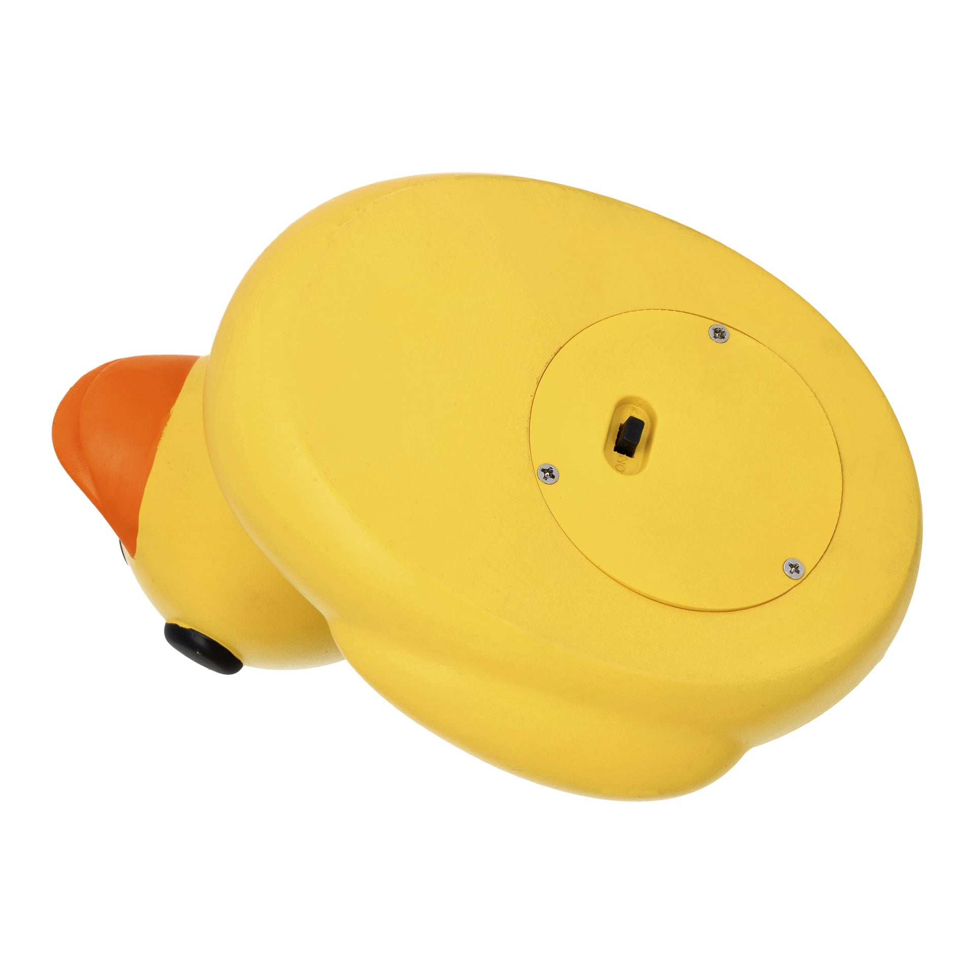 Närbild på Anslut solcellsupplysning av gummiankans gula undersida med batterifack, strömbrytare, skruvar och orange näbb.